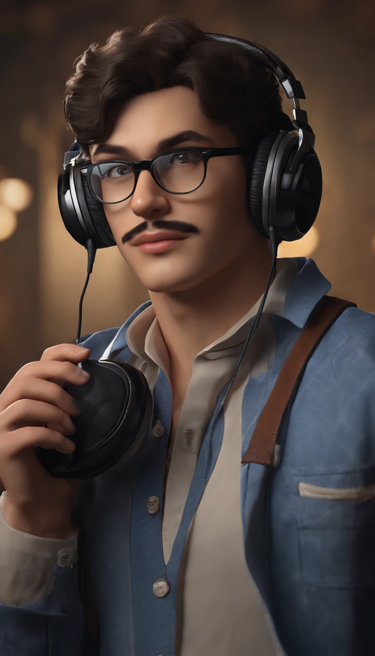 (best quality,4k,8k,highres,masterpiece:1.2),ultra-detailed,(realistic,photorealistic,photo-realistic:1.37),boy with round glasses and tall, wearing a blue check shirt, mustache, black hair, gaming, background with Discord website, headphones, vibrant colors, studio lighting