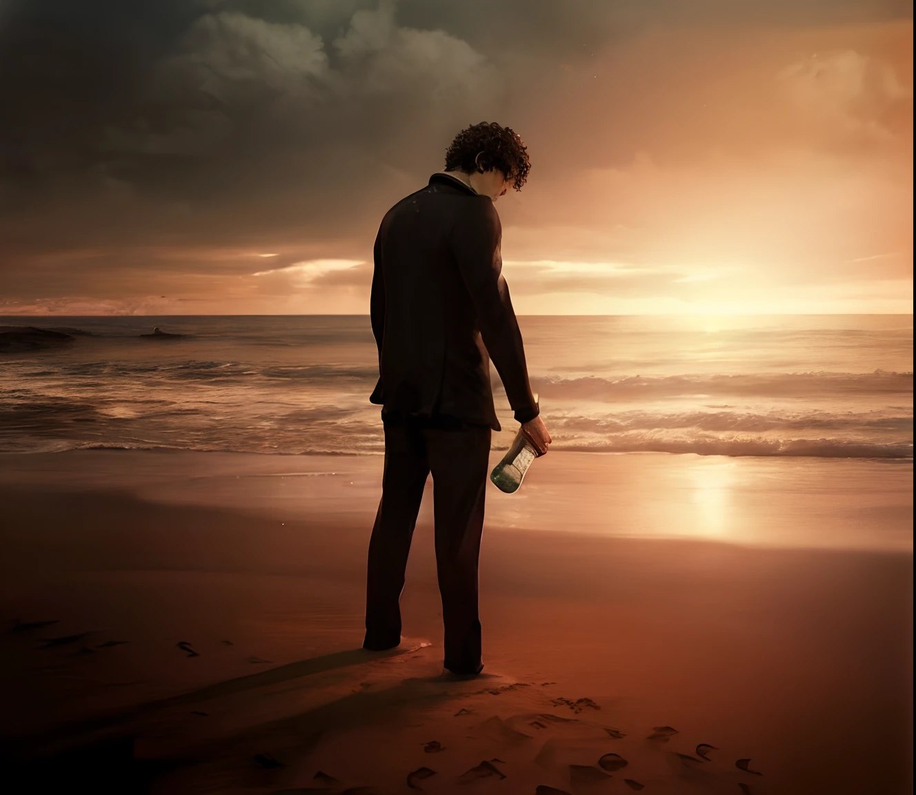 arafed man standing on the beach with a bottle of beer, beach surreal photography, standing on the beach at sunset, hd wallpaper, standing on a beach, knight of cups, christopher nolan film style, sad man, standing in sand, award winning cinematic still, wallpaper - 1 0 2 4, by Eglon van der Neer, his body buried in the sand