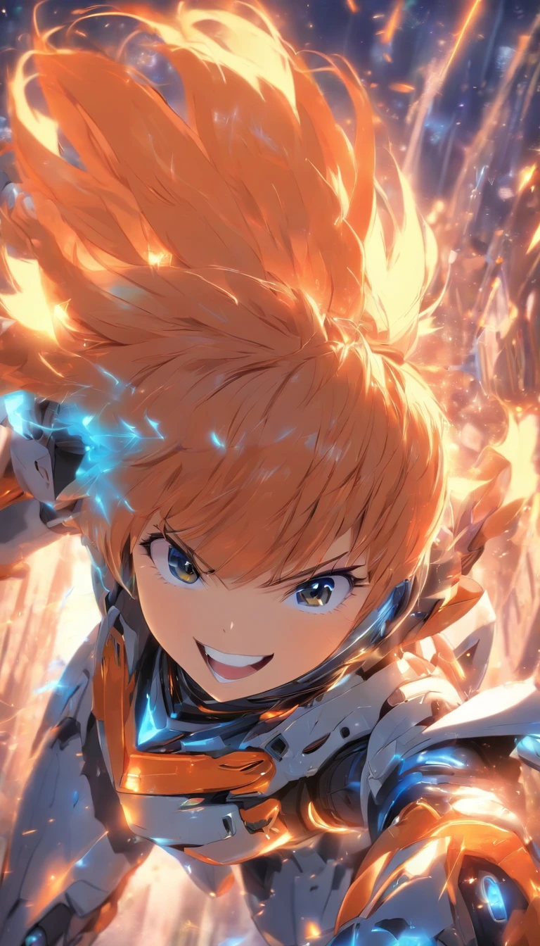 Masterpiece, Best quality, Gwendolyn_tennyson, Short orange hair, side swept bangs, Blue hairpins, Laughing, Blue body armor