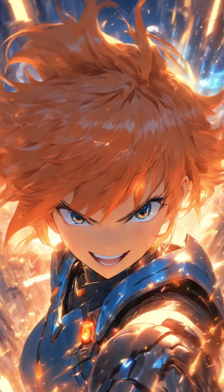 Masterpiece, Best quality, Gwendolyn_tennyson, Short orange hair, side swept bangs, Blue hairpins, Laughing, Blue body armor