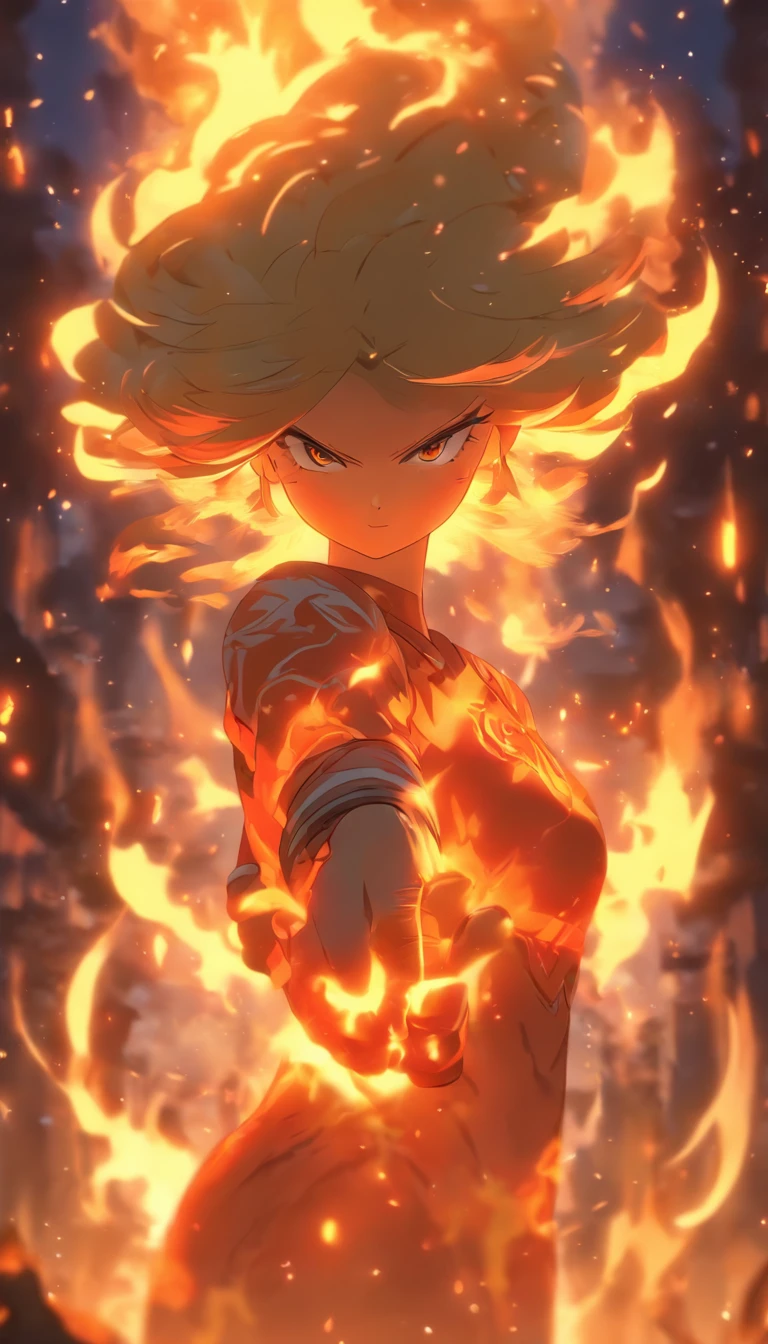 1girll, bangs, breathingfire, Burning, burnt clothes, embers, ahoge, Beige hair, multicolored hair, Fire, Flame, Flaming Sword, (hand on hilt), standing, Long hair, pyrokinesis, Expressionless, Smoke, flower(symbol), Solo, spark of light, Sunset, Twilight, flor branca, Molten rock, Lily (flower), fiery flower, Depth of field, Burning ,