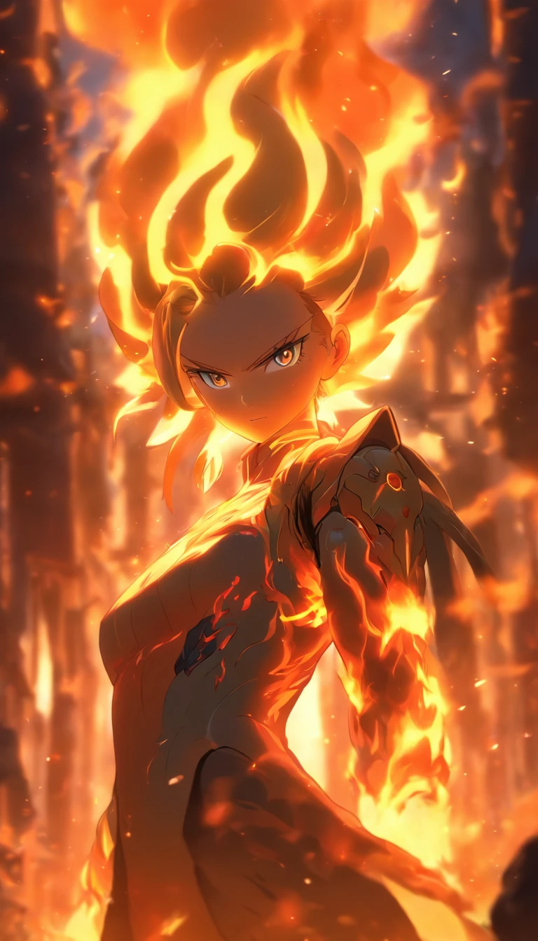 1girll, bangs, breathingfire, Burning, burnt clothes, embers, ahoge, Beige hair, multicolored hair, Fire, Flame, Flaming Sword, (hand on hilt), standing, Long hair,  pyrokinesis, Expressionless, Smoke, flower(symbol),  Solo, spark of light, Sunset, Twilight, flor branca, Molten rock, Lily (flower),  fiery flower, Depth of field, Burning ,