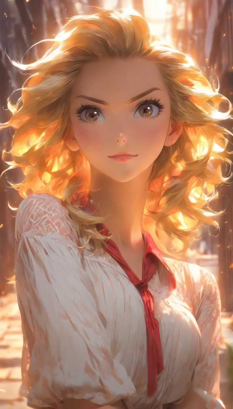ultra realistic 8k cg, Masterpiece, ((Ultra detailed backgrounds, Delicate pattern, intricately details)), Best quality, Intricate details, color difference, 1girll, Long hair, Golden hair, Messy hair, red highlights, hair on one eye, Sharp eyes, choker necklace, brick walls, scribbles, Dim lighting, alley, Blouse with super big,cropped shoulders, Sheer white shirt, Masterpiece, Best quality