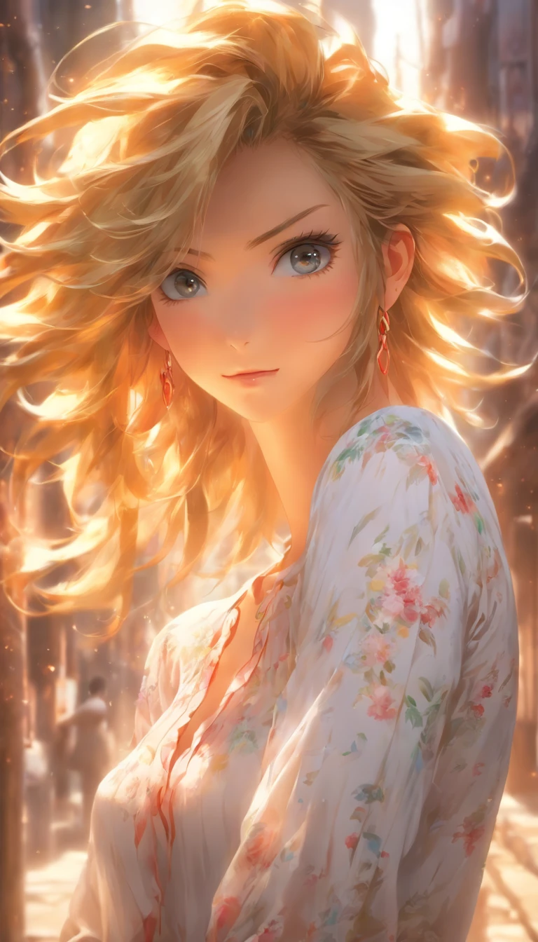 ultra realistic 8k cg, Masterpiece, ((Ultra detailed backgrounds, Delicate pattern, intricately details)), Best quality, Intricate details, color difference, 1girll, Long hair, Golden hair, Messy hair, red highlights, hair on one eye, Sharp eyes, choker necklace, brick walls, scribbles, Dim lighting, alley, Blouse with super big,cropped shoulders, Sheer white shirt, Masterpiece, Best quality