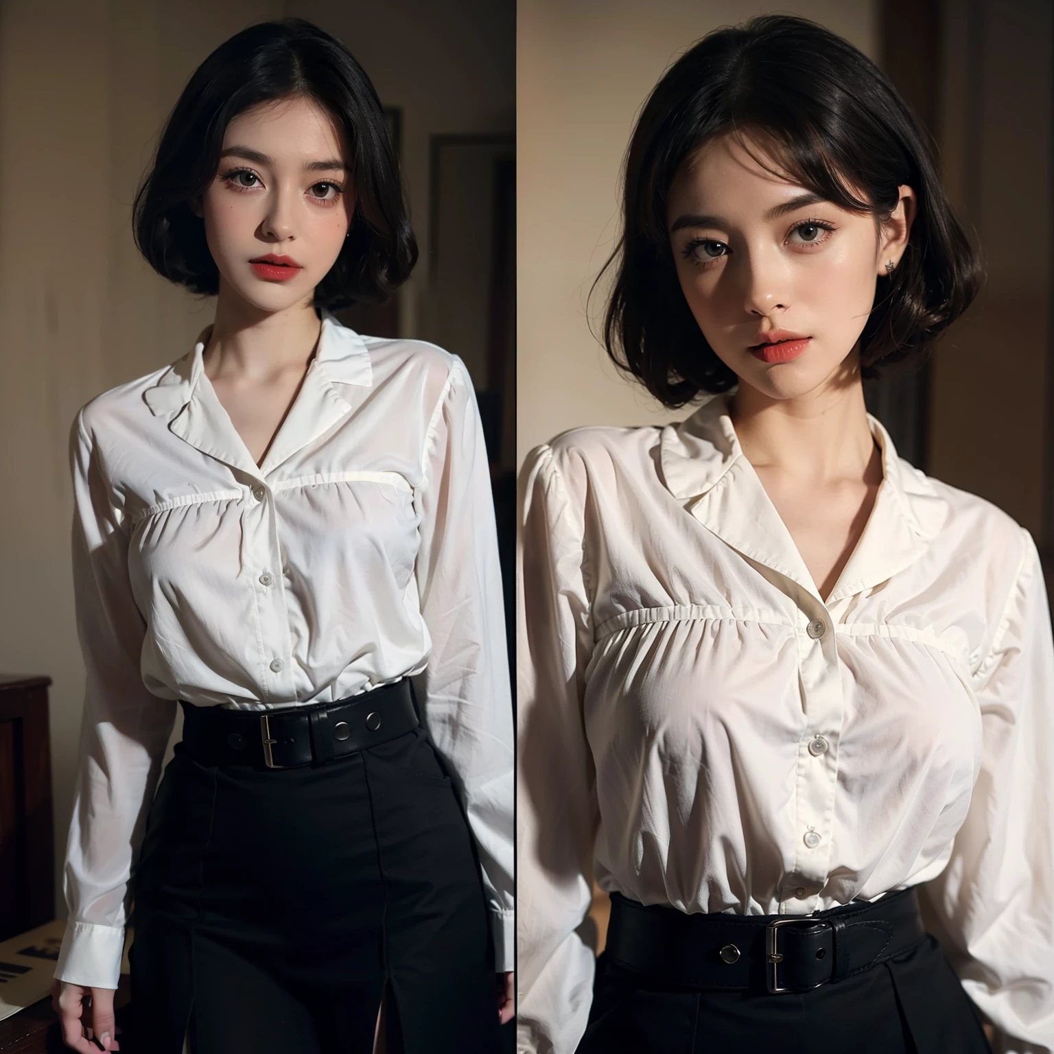 Mallory Malone's costume description is very detailed and、、、、、Features a unique and interesting style. In a white long-sleeved blouse of your choice、A fitted black knee-length skirt with red accents creates a striking visual contrast. The addition of a black heel with ankle strap is、Adds a classy touch to the look. Apart from clothes, Vintage 1950s Bob Hairstyles、Adds a retro and timeless element to Mallory Malone's style. This type of hairstyle is、Known for its neat and short appearance, Typically、Jaw length with both ends turned inward. This hairstyle selection is、Add a vintage touch to the look、Complements Mallory's overall style. Makeup also plays an important role in the appearance of Mallory Malone. Although there are no specific details about makeup mentioned in the description, It is possible to imagine that she may be rocking a 1950s-inspired look.