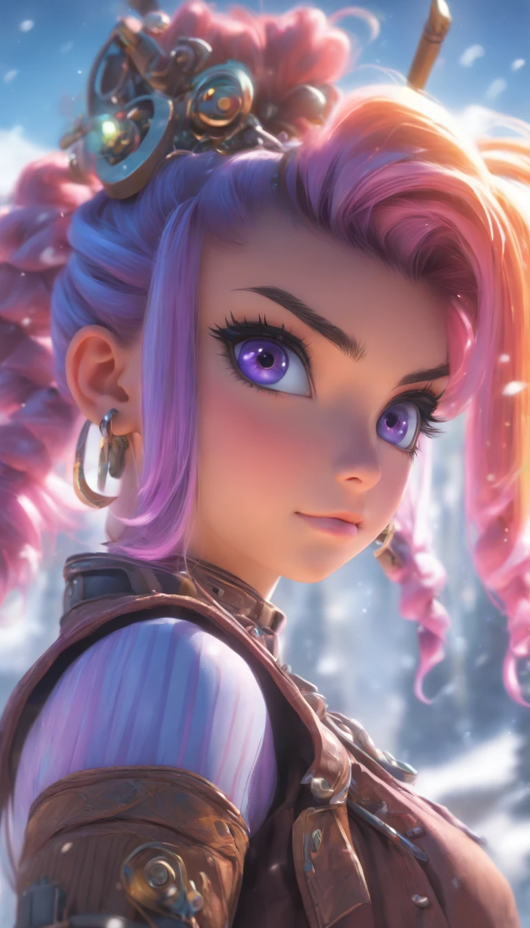 (Photo_(mediating):1.2), author:Antonio J. Manzanedo, author:JeremyLipking, 1girll, Looking at the camera, (Facing the viewer:1.1), (Photorealistic:1.2), Hyperrealistic, Photorealism, Close-up, head and shoulders, Purple hair with rainbow stripes, Short hair, pony tails, bangs, Blue eyes, friendly, eyeslashes, steampunc, Sleeveless, subsurface skin scattering, Snowy mountain background, symetry, Depth of field, 8K, vfx, hdr, RTX