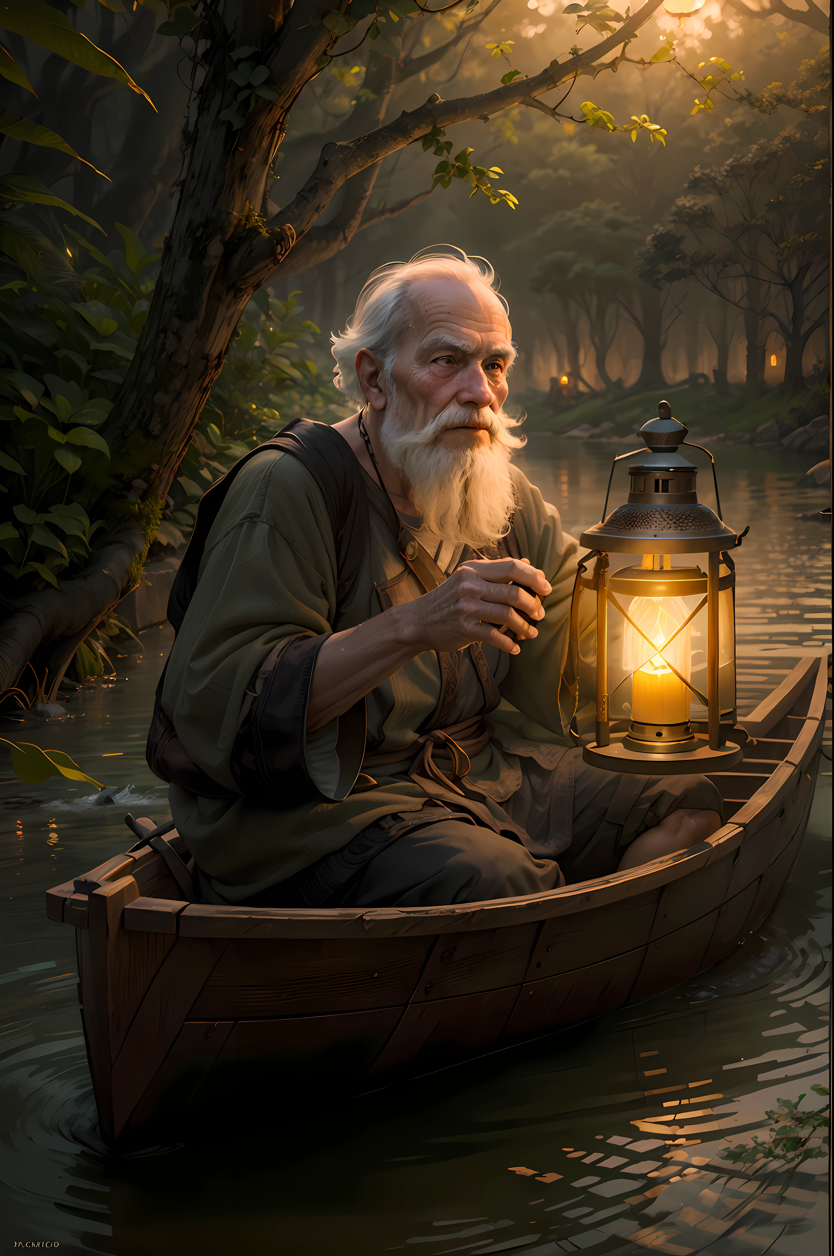 a captivating and emotive image from a fantasy world with a touch of magic. Envision an elderly man, his face etched with time's wisdom, seated in a simple wooden canoe. He holds a lantern aloft, its warm glow casting a gentle radiance that illuminates the wrinkles on his weathered face. He navigates a pitch-black river, and the lantern's light is the sole source of illumination. The focus of the image is on the old man's expressive face, capturing the sense of solitude, mystery, and the journey into the unknown in this magical and enchanting world