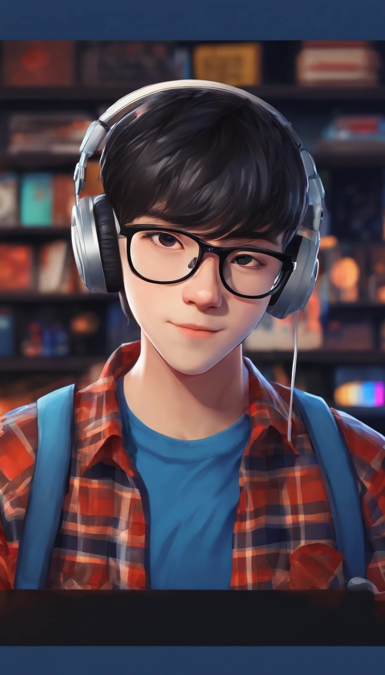boy with round glasses and tall, wearing a blue check shirt, black hair, gaming, background with Discord website, headphones, vibrant colors, studio lighting