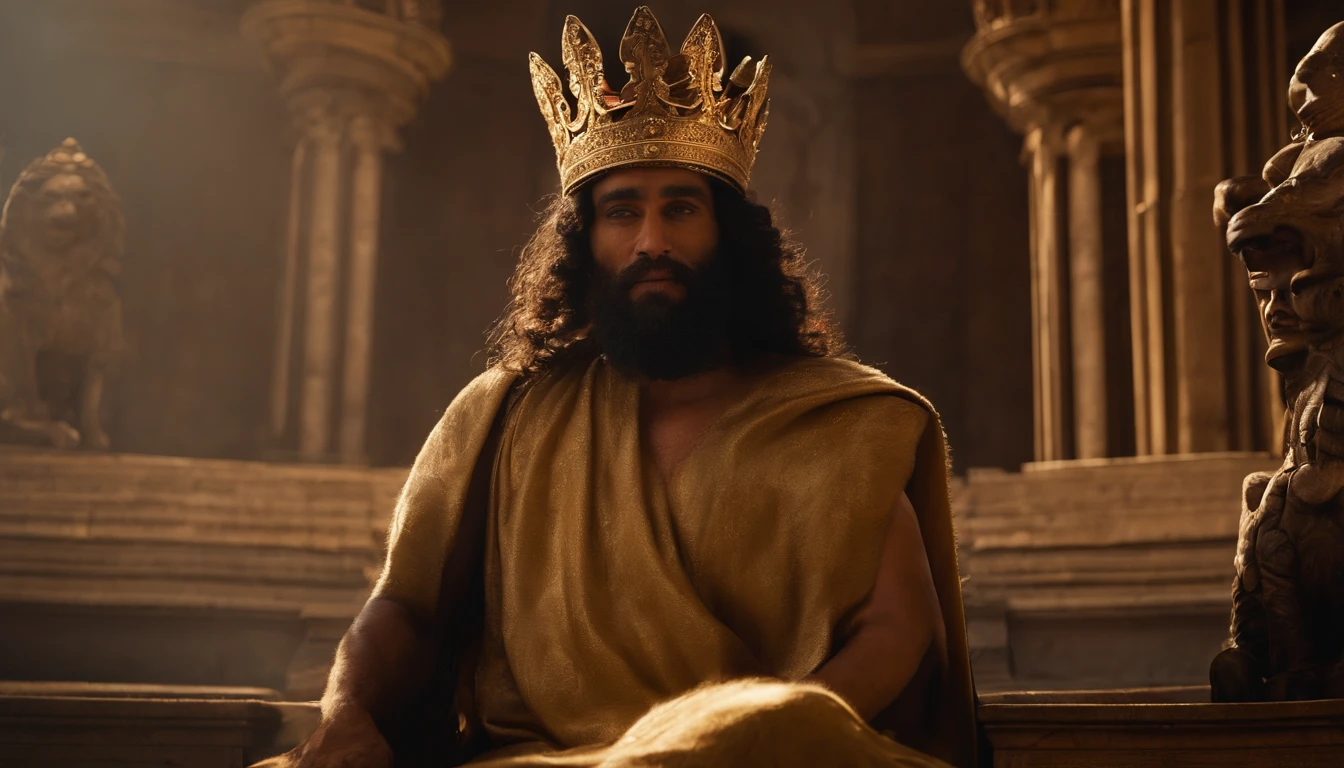 Wise Man, Barbado, elementos de fogo, with a crown and gold on his head, dentro de um castelo, sentado em um trono, Com uma estrela de Davi no peito, judeu e com um escudo dourado, Holding a child in your arms