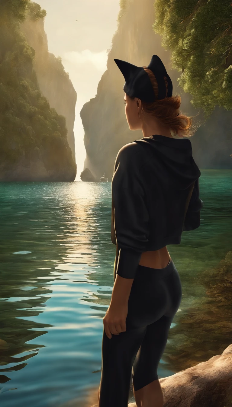 (((backview))), 1 menina, Beautiful girl with cat head and ear , (cabelo bonito Loose Bob), (usando um capuz cropped preto, agasalho cropped com capuz preto, Capri sweatpants:1.5), (Hands in pockets:1.5), (costas tonificada:1.3), (aegyo sal:1.2), (nuca detalhado), fundo imersivo, Volumetric mist, global ilumination, (hair fluttering), natural lightting, , (fotorrealismo:1.5), (fotorrealista:1.4), (8k, foto RAW, obra-prima), foto colorida RAW de alto detalhe, realista, (mais alta qualidade), (melhor sombra), (best illustration), ultra high-resolution, highly detailed CG unified 8K wallpapers, physics based rendering, realista, realismo, alto contraste, hiper-realismo, lente f1.6, cores ricas, textura realista hiper-realista, cinestill 800) Pintura de um grupo de golfinhos nadando no mar colorido, Look up at the composition,sky whales, inspirado em Cyril Rolando, dreamy psychedelic anime, fundo colorido do filme anime, a beautiful artwork illustration, autor:It's the Tao, arte conceitual colorida, Makoto Shinkai Cirilo Rolando, ao estilo de Cyril Rolando, Baleia voadora, Aquarela HD 8k, aquarela altamente detalhada 8 K,Octano,fim,Realistic,8k,Estilo Shinkai Makoto( Reasonable design, linhas claras, alta nitidez,best quality, Very detailed, masutepiece, Efeito de luz do filme, 4k )