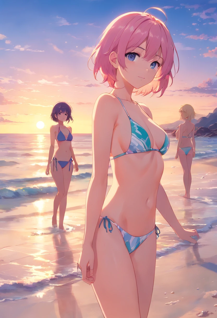Meisterwerk, best qulaity, Still 2 Girls 1 Girl Pink Hair Blue bikini and 1 girl Blonde hair and White bekini beach waves sea summer sunset