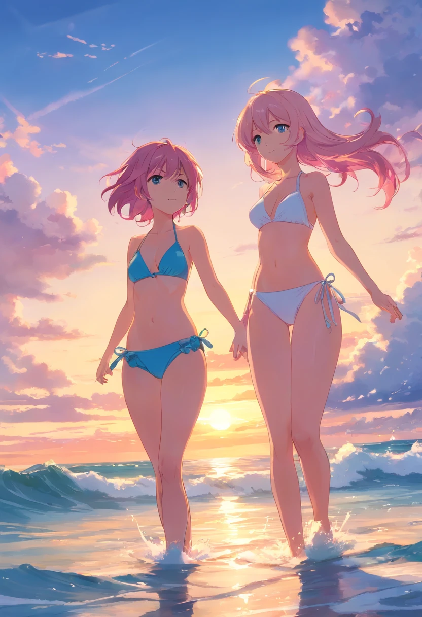 Meisterwerk, best qulaity, Still 2 Girls 1 Girl Pink Hair Blue bikini and 1 girl Blonde hair and White bekini beach waves sea summer sunset