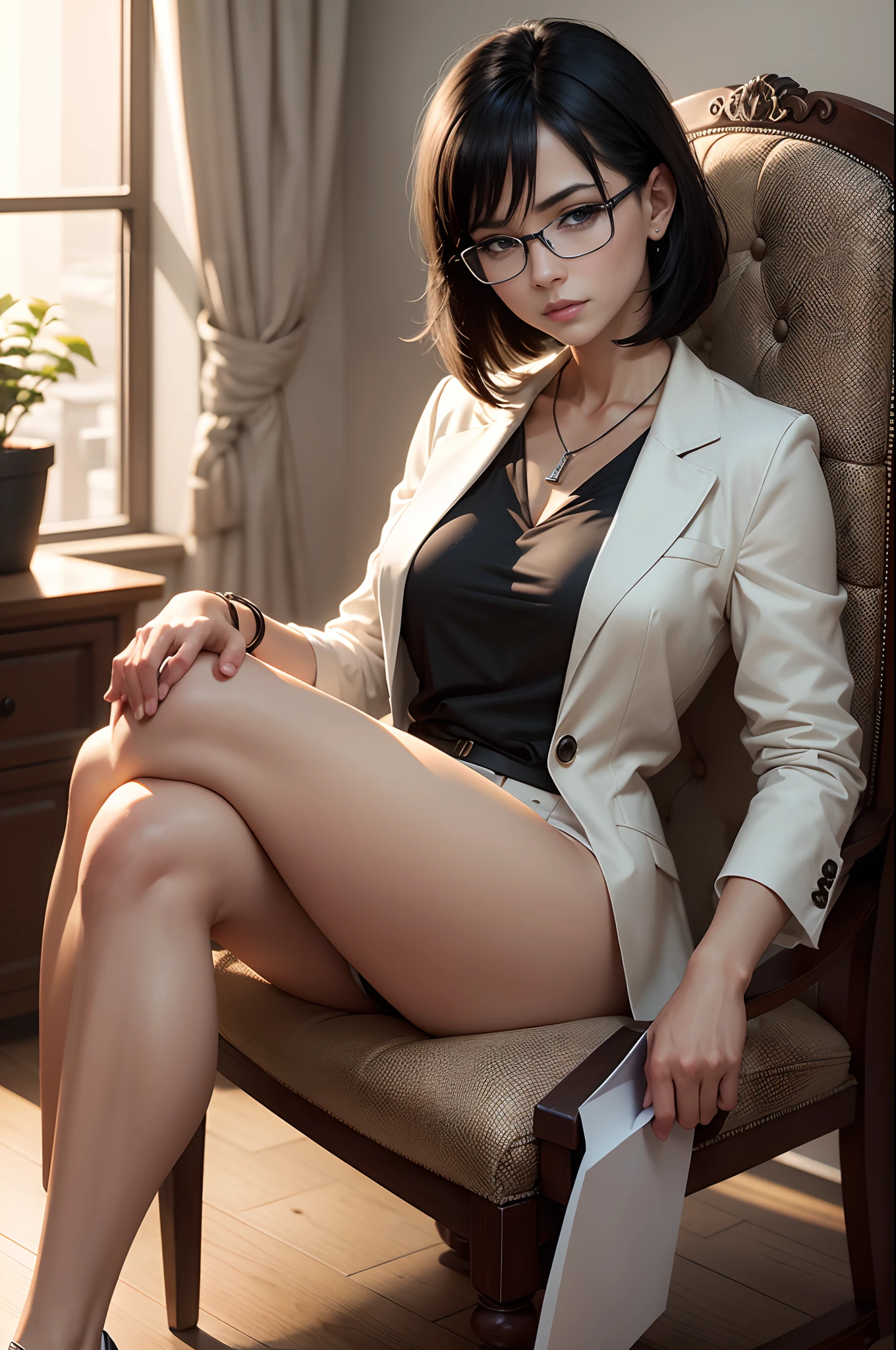 (8K,Photorealsitic　Raw photography　top-quality;1.4) 　(1 mature female)　Super beauty　(Lifelike face)　Muscular and macho female body　(Black hair short bob)　Elite Female Head　enticing　Beautiful expression　Silver glasses　White blouse and brown skirt　Wear a brown jacket　超A high resolution　A hyper-realistic　real looking skin　high detal　A room in the company　Sitting cross-legged in a fancy chair with documents in hand