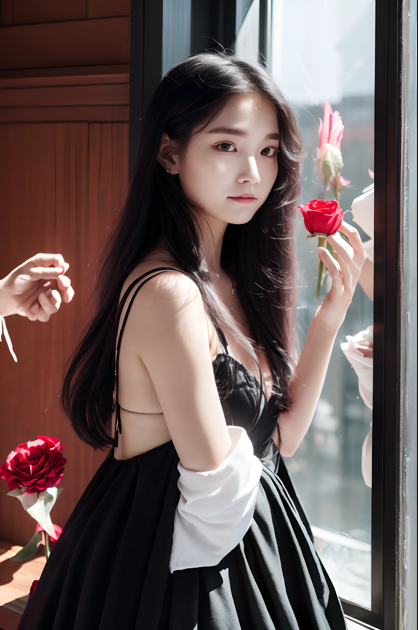 (Best quality, Masterpiece), (1girll, Solo, Black dress, standing , view the viewer, White hair, Red eyes, Holding a rose, Closed mouth, Upper body), (Red dream catcher in the back, Red flower, )