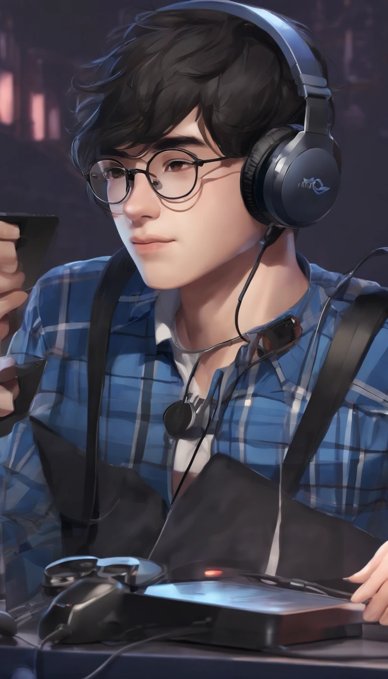 boy with round glasses and tall, wearing a blue check shirt, black hair, gaming, background with Discord website, headphones