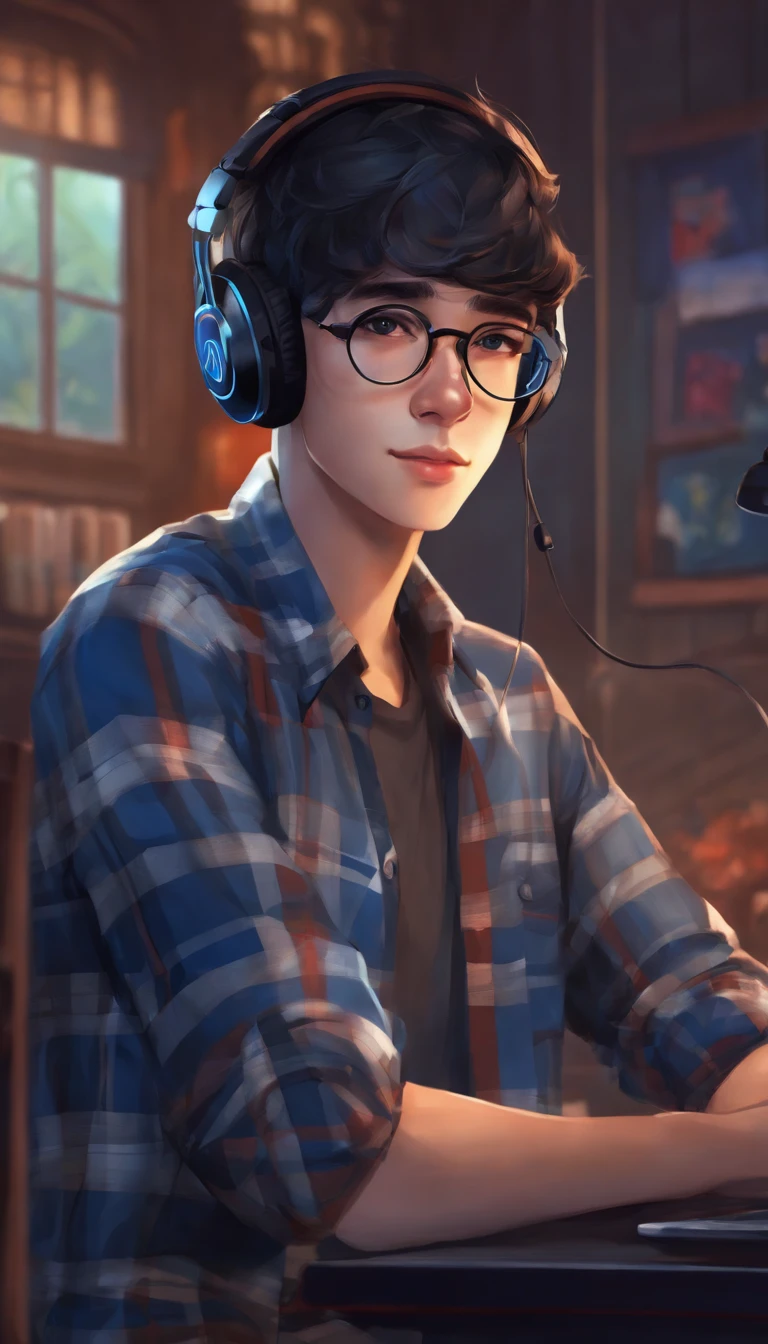 boy with round glasses and tall, wearing a blue check shirt, black hair, gaming, background with Discord website, headphones