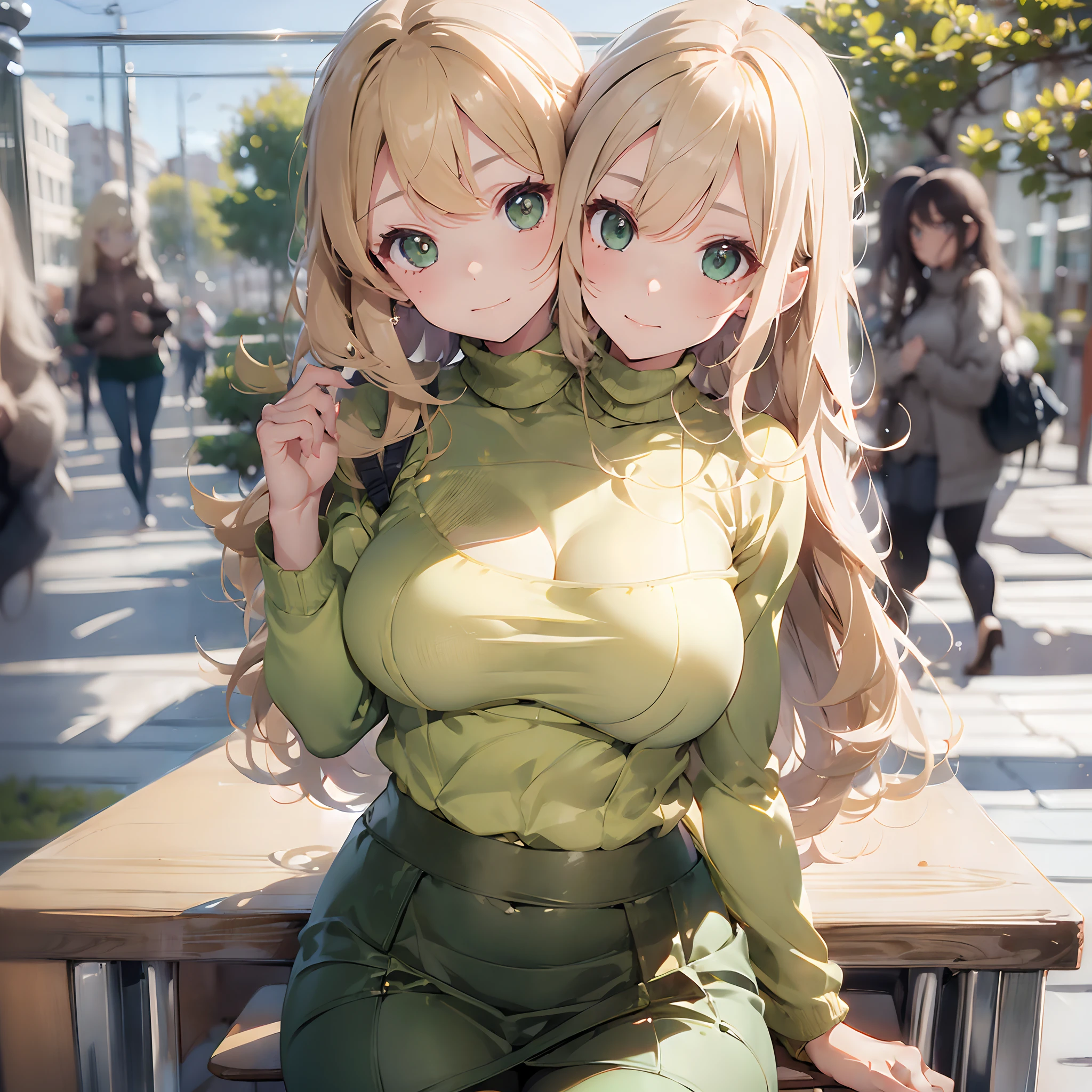best resolution, (2heads:1.5), girl with two heads, hair bangs, blonde hair, green eyes, wavy hair, turtle neck sweater, pencil skirt, park background