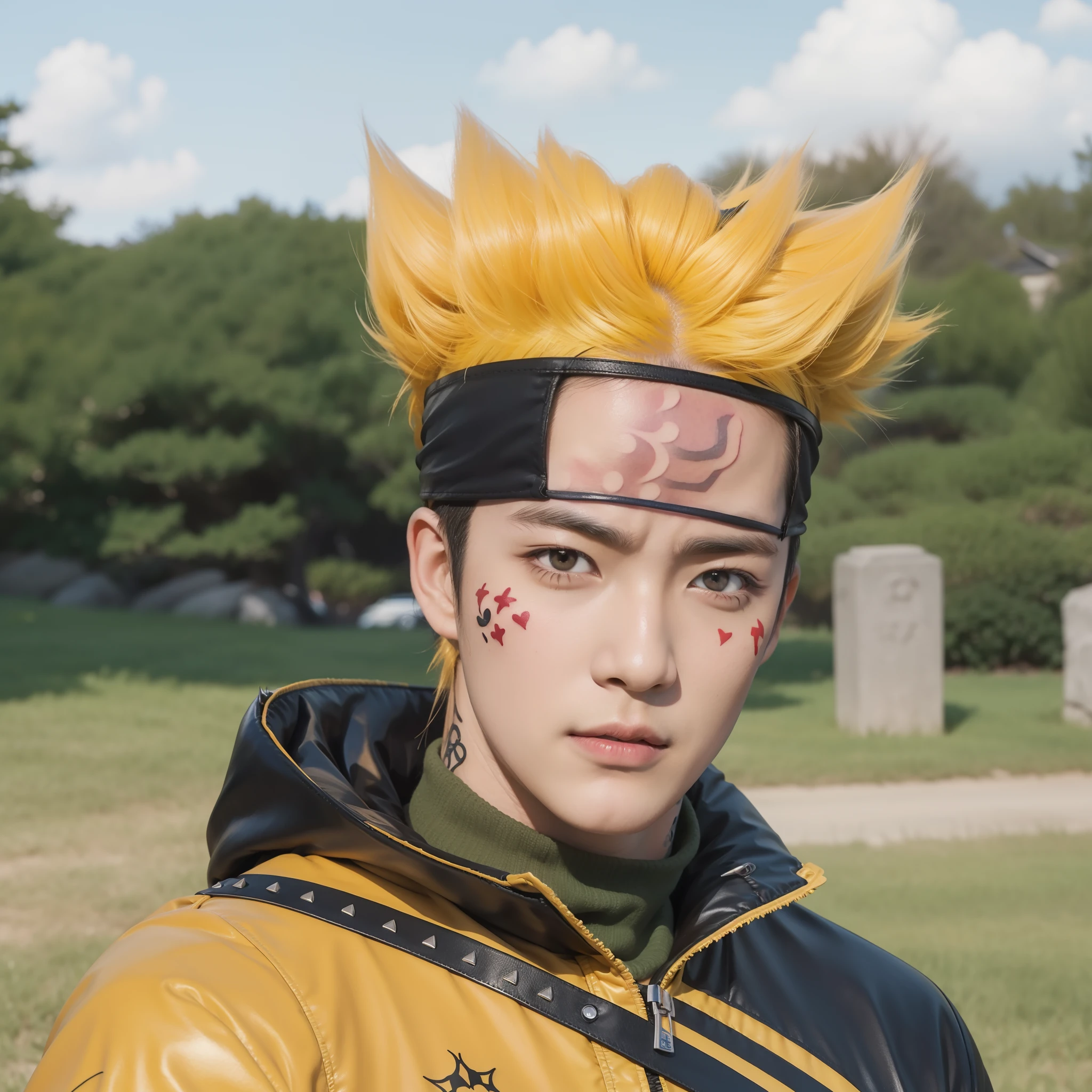 Real life adaption of this character ,adult Japanese man ,realistic yellow spiky hairstyle,realistic same outfit,hyper realistic,realism,realistic light,realistic shadow(photorealistic:1.2),((remove tatto on his face))