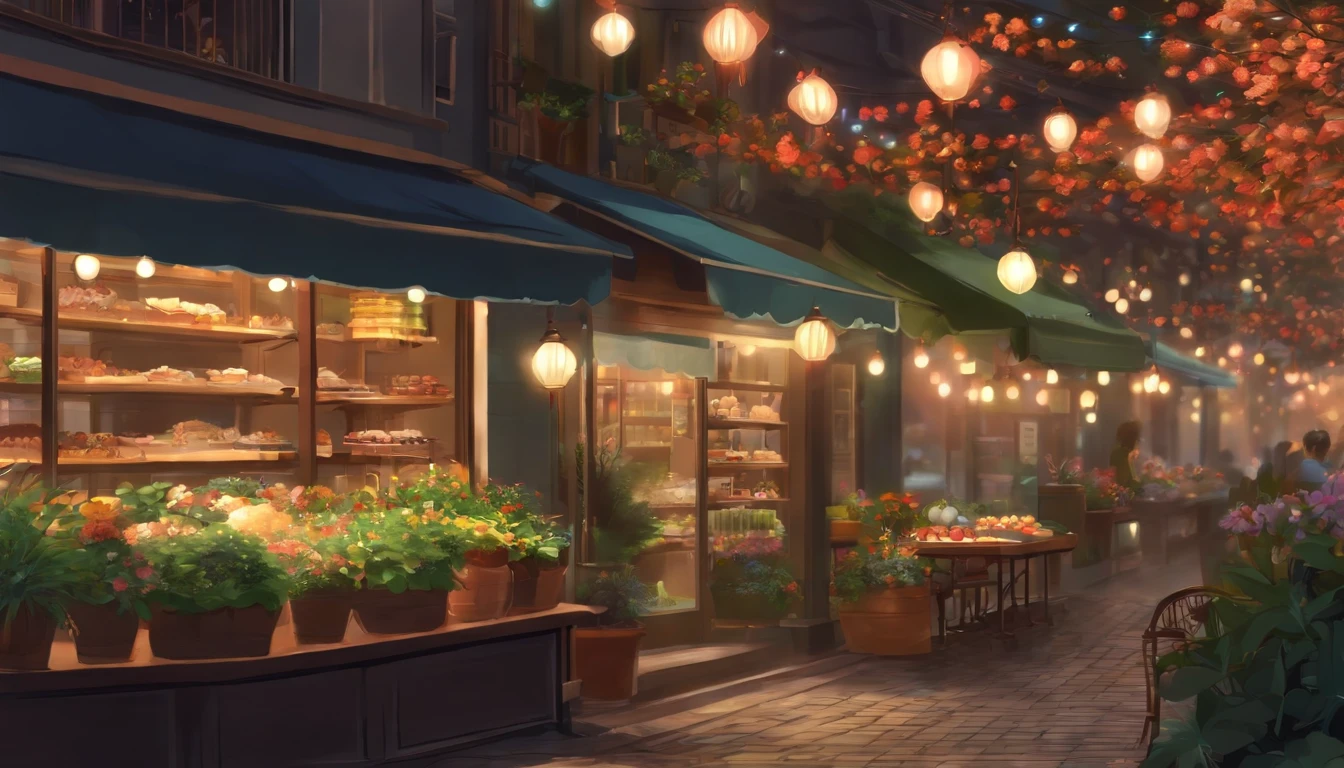 City flower shop, potted plants, flower, rainny night,water reflection puddle,oriental design, hanging lights , digital painting, sunset,wind up,concept art, illustration, intricate, many people, hanging lights, happy, beautiful colorful light, flower, plants ((tileset)) Anime - City street style scene, a woman waiting in front of a store, anime background art, detailed scenery - width 672, anime landscape concept art, anime style cityscape, Studio Ghibli anime style, Studio Ghibli art style, Studio Ghibli program, anime landscape, Studio Ghibli art style, Landscape artwork, Beautiful anime landscape, Forest city street, Ghibli art style, cake shop, cake shop, bakery cake shop, Makoto Shinkai style, Makoto Shinkai anime, Shinkai Makoto art style