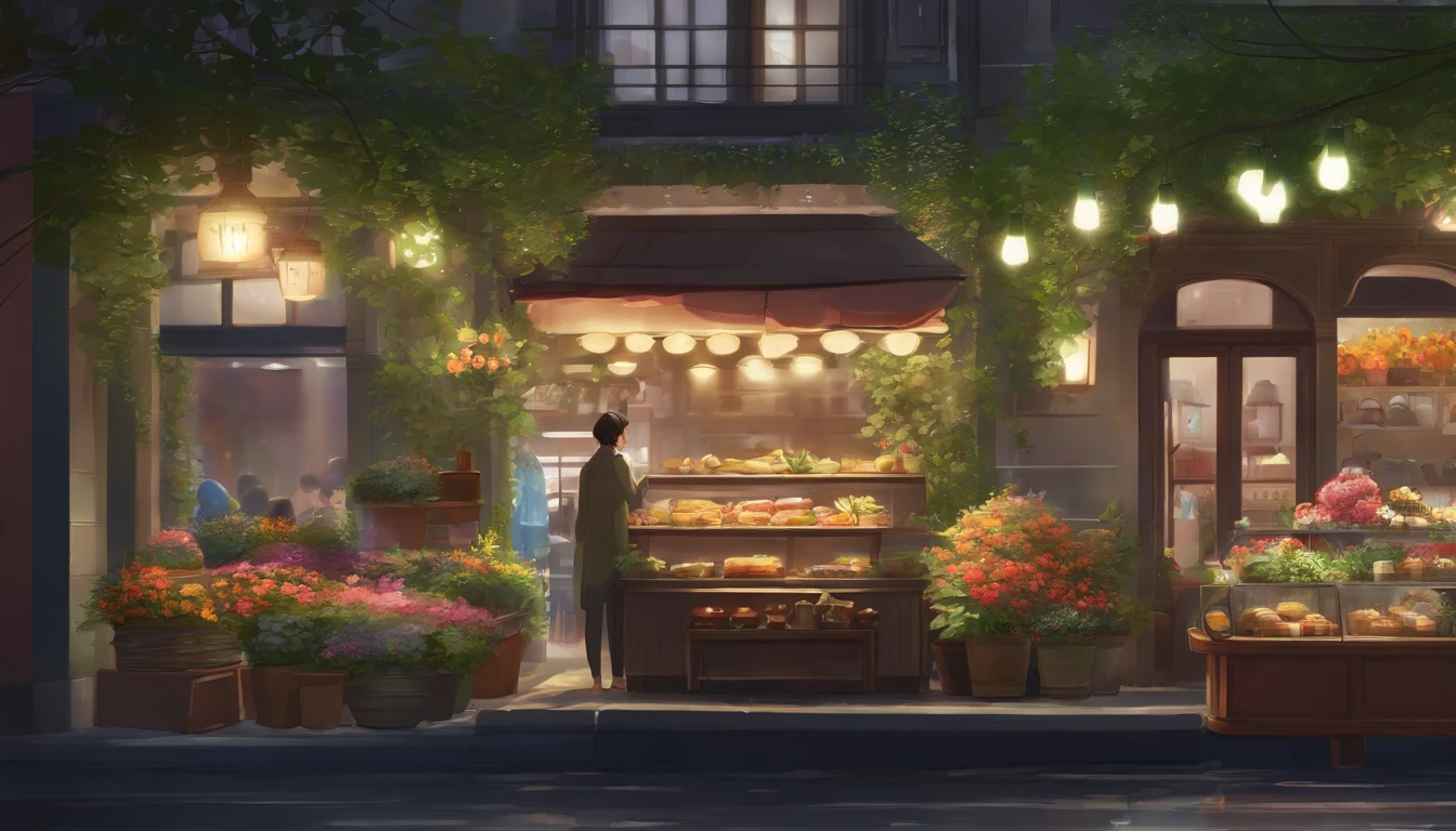 City flower shop, potted plants, flower, rainny night,water reflection puddle,oriental design, hanging lights , digital painting, sunset,wind up,concept art, illustration, intricate, many people, hanging lights, happy, beautiful colorful light, flower, plants ((tileset)) Anime - City street style scene, a woman waiting in front of a store, anime background art, detailed scenery - width 672, anime landscape concept art, anime style cityscape, Studio Ghibli anime style, Studio Ghibli art style, Studio Ghibli program, anime landscape, Studio Ghibli art style, Landscape artwork, Beautiful anime landscape, Forest city street, Ghibli art style, cake shop, cake shop, bakery cake shop, Makoto Shinkai style, Makoto Shinkai anime, Shinkai Makoto art style