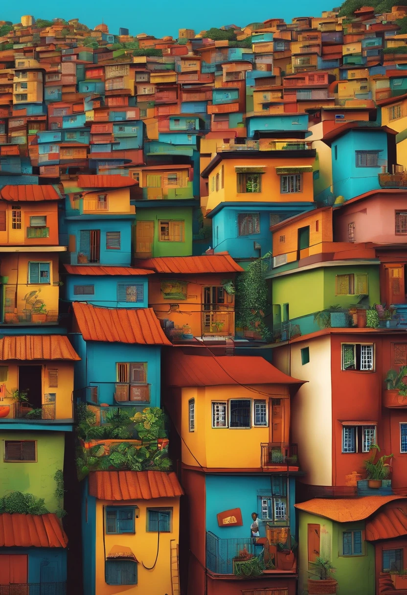 Crie uma favela estilo Rio de Janeiro mostrando ela de lado, animada, colorida, full h, estilo cartoon