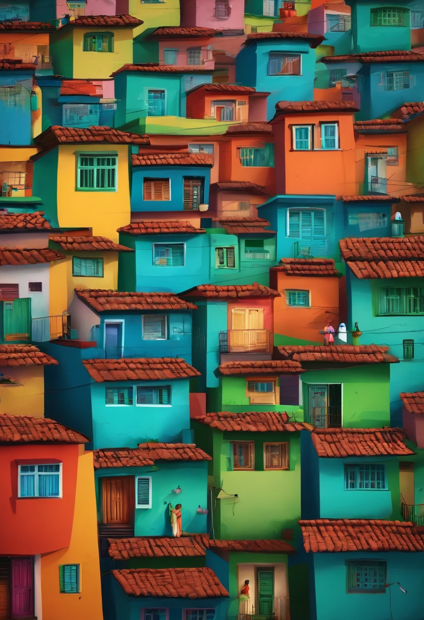 Crie uma favela estilo Rio de Janeiro mostrando ela de lado, animada, colorida, full h, estilo cartoon