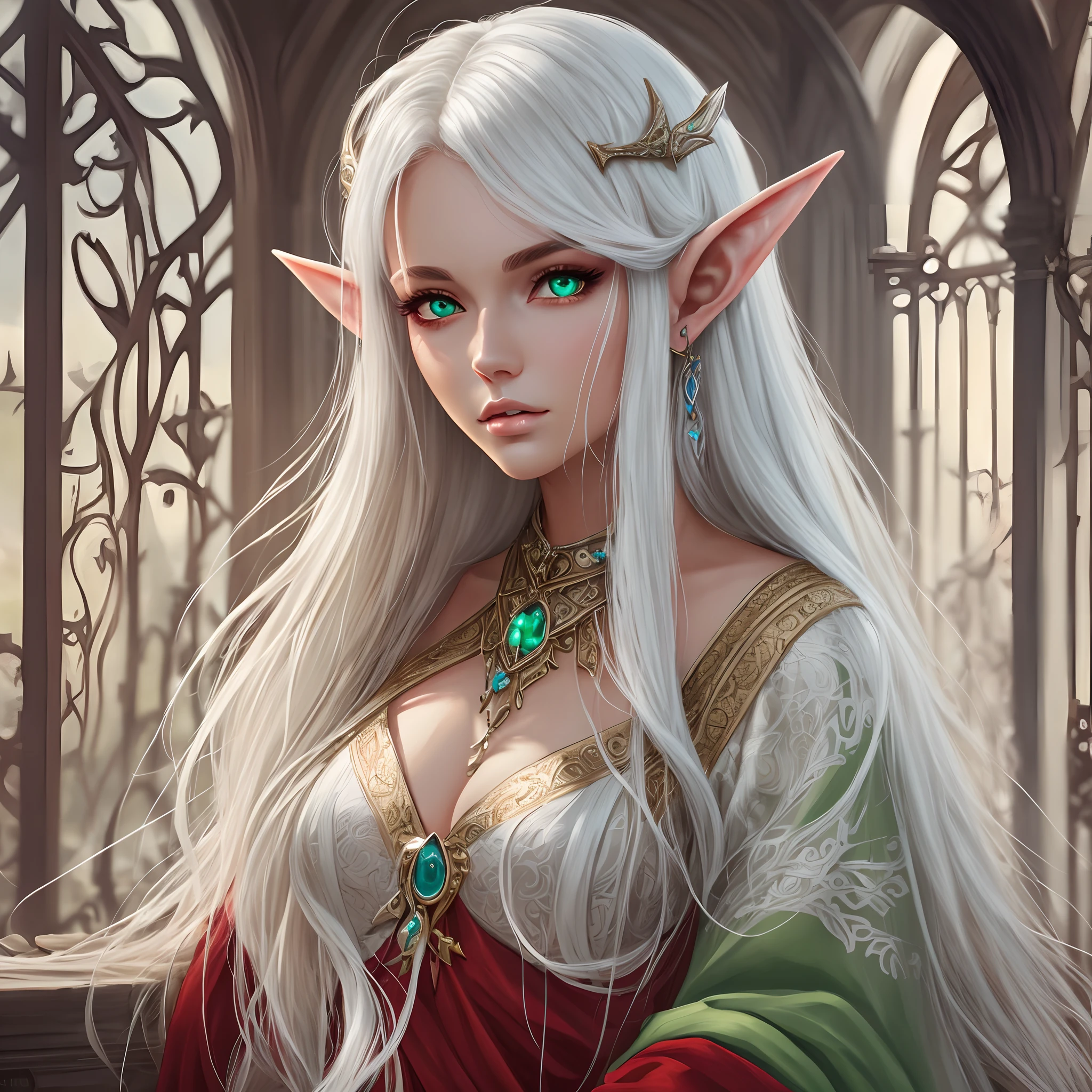 Woman Elf, White Hair, Long Hair, Straight Hair, (Green Eyes:1.2) Elf Ears, Large Breasts, Elegant Formal Dress, Green Dress, Silver Jewelry, Silver Diadem, Elven Throne Room