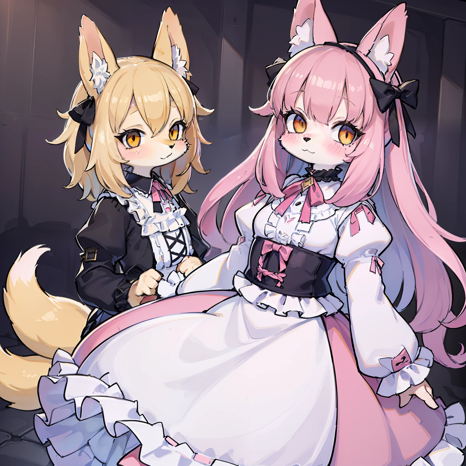 chiquita、Beastman、kawaii、lolita、Image colors of pink and white、Fox ears、Fox tail、Clothing with a lot of frills、skirt by the、Many ribbons、kawaii、lolita、chiquita、Beastman、length hair、Lowered hair、Clothes with a lot of frills、Image colors of pink and white、yellow  eyes、Pink and white Lolita clothes、Clothes with a lot of frills、Many ribbons、cute little、Fox ears、Fox tail、Beastman、furry、Pink and white fur、((Pink and white Lolita clothes:1.2))、Pink and white fox ears、Pink and white tail、Pink and white fur、Pink and white Lolita、Clothes with a lot of frills、Clothes with a lot of ribbons、chiquita、Beastman、Pink and white fur、yellow  eyes、