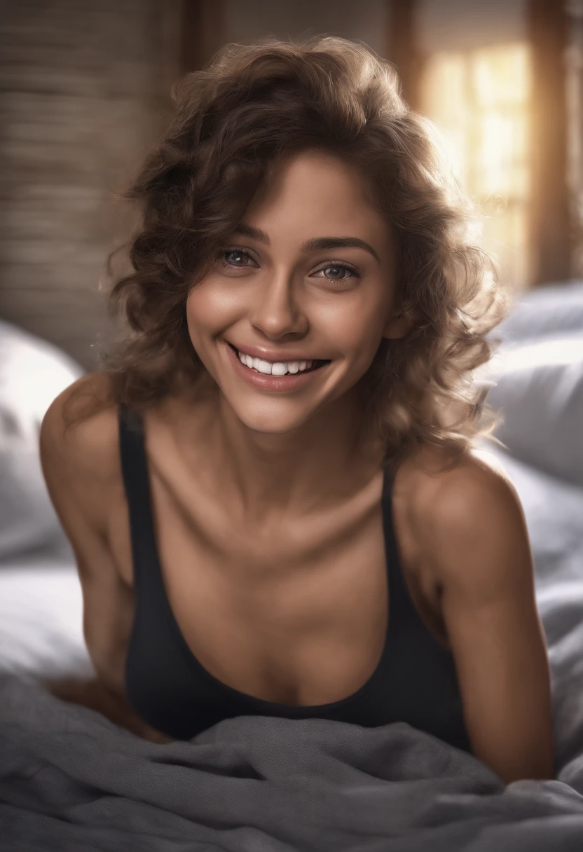 Mulher loira de camisa preta e meias tirando selfie no espelho, sorriso atrevido, 2 Modelo feminina de 4 anos, sorriso provocante, leve sorriso bonito, joelhos enfiados, Pose satisfeita, de joelhos, posando em um quarto, she is wearing a black tank top, muito animado, sentado na cama, lovely smile, she is smiling and excited, sentado em uma cama