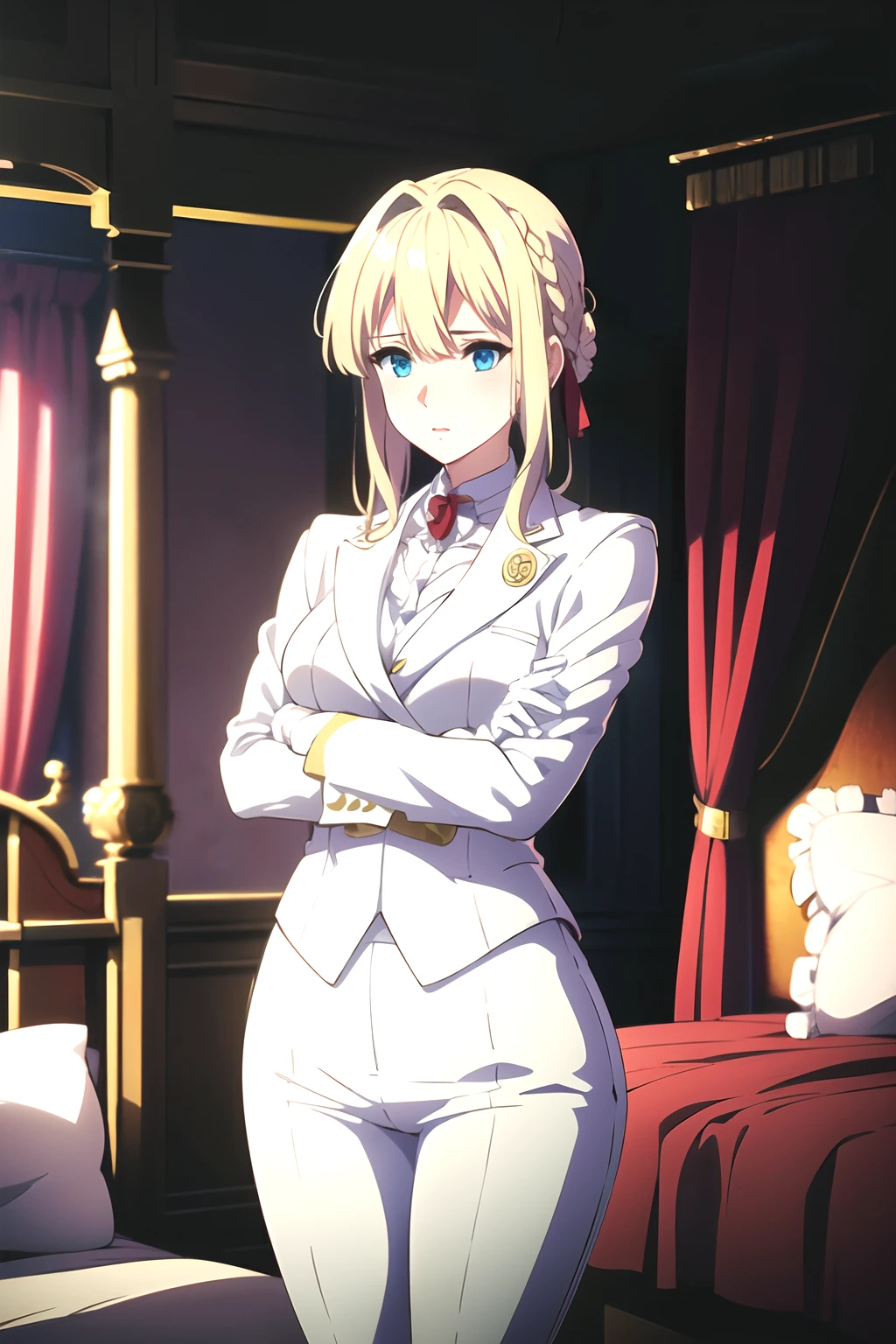 (best quality,4k,8k,highres,masterpiece:1.2) violet evergarden, brooch, hair intakes, braid, blonde, white tuxedo ,white pants, white gloves, 1girl, solo, blue eyes, bedroom, medium breasts, braid, bedroom, white dress, red ribbon,crossed arms, wedding suit