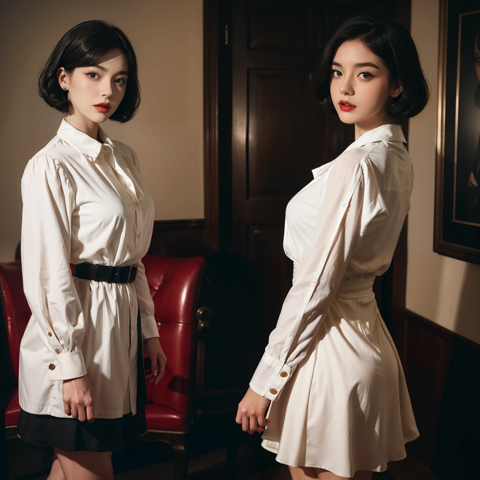 Mallory Malone's costume description is very detailed and、、、、、、Features a unique and interesting style. In a white long-sleeved blouse of your choice、A fitted black knee-length skirt with red accents creates a striking visual contrast. The addition of a black heel with ankle strap is、Adds a classy touch to the look. Apart from clothes, Vintage 1950s Bob Hairstyles、Adds a retro and timeless element to Mallory Malone's style. This type of hairstyle is、Known for its neat and short appearance, Typically、Jaw length with both ends turned inward. This hairstyle selection is、Add a vintage touch to the look、Complements Mallory's overall style. Makeup also plays an important role in the appearance of Mallory Malone. Although there are no specific details about makeup mentioned in the description, It is possible to imagine that she may be rocking a 1950s-inspired look.Happy