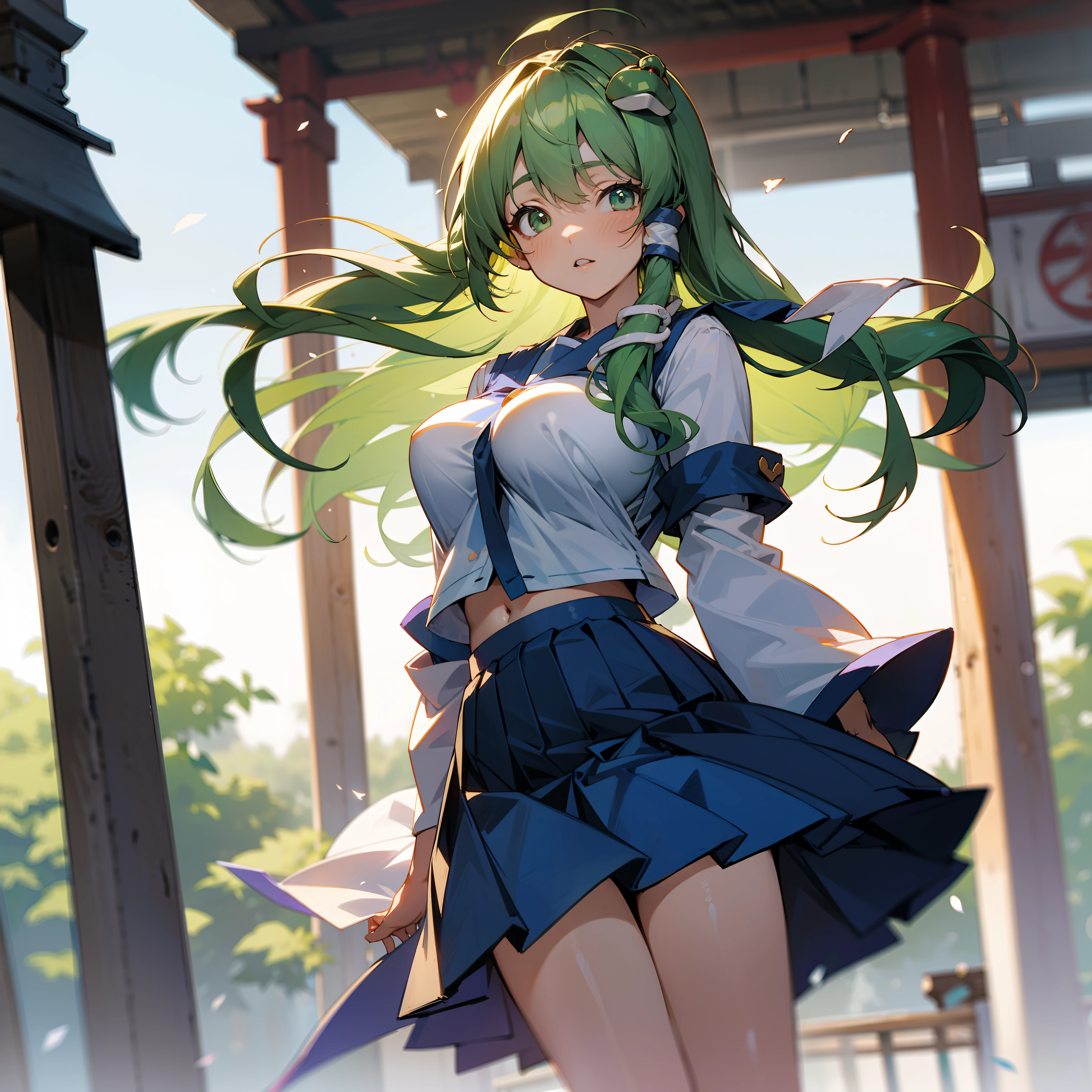 Sanae Kochiya, green hair, big tits, shrine, school uniform,