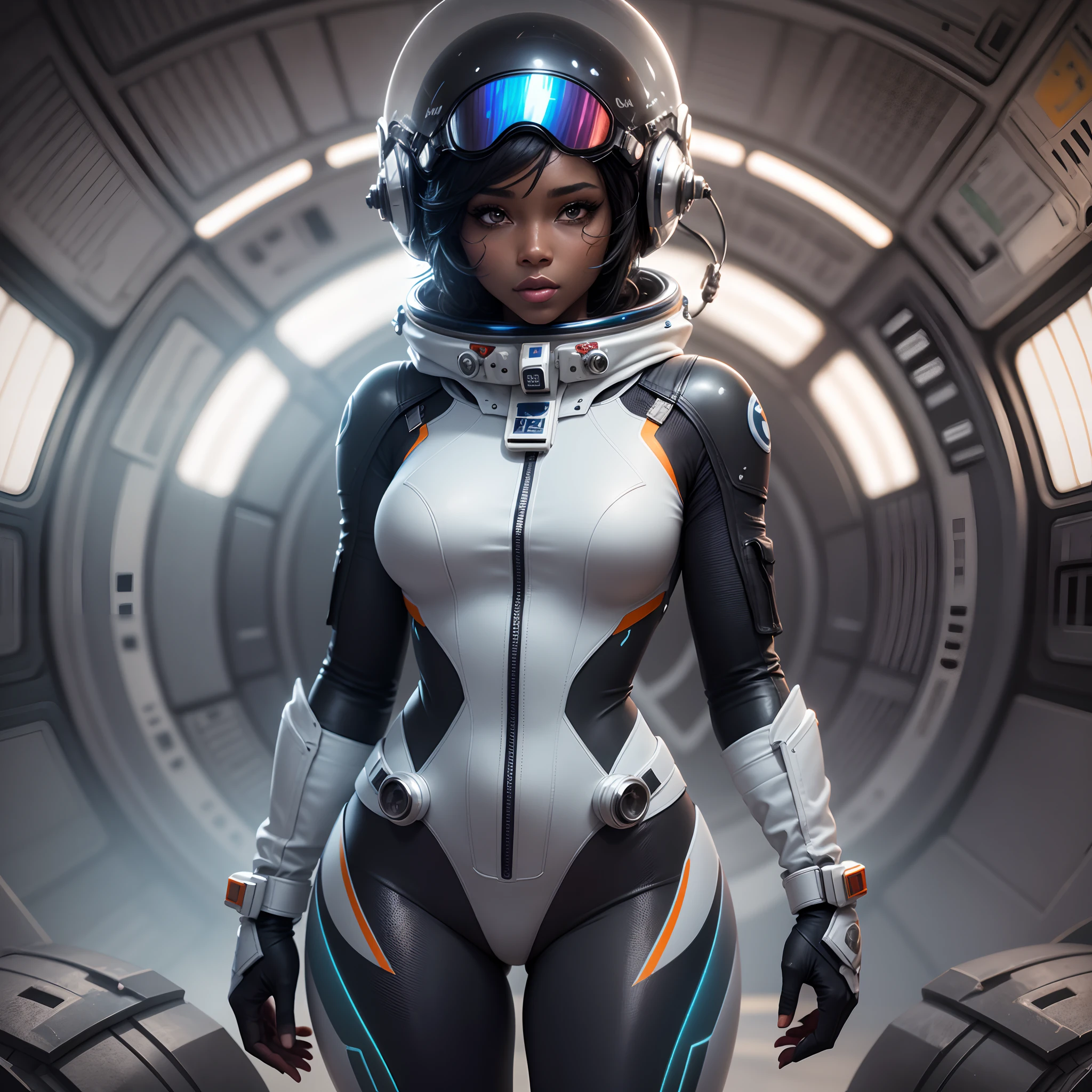 a black woman in an African designed space suit with a helmet and goggles, cgsociety 9, sci-fi, with iridescent light, 32k, ultra HD, unreal engine rendered, cinematic lighting, bright and vibrant colours, photorealistic image, --auto --s2