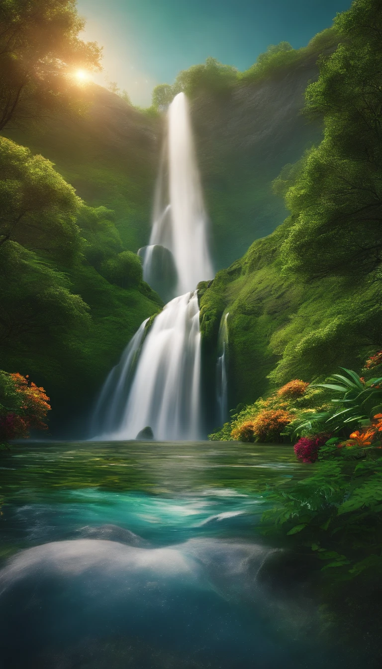 Hyper realistic 8k, ultra detailed, (Best Quality digital illustration Masterpiece of planet Earth in outer space), ((No Man)) (Beautiful planet Earth Illustration), (vivid Green nature and vegetation), (flowering plants), ((waterfall)), (Bright Stars), (Hyperdetail, Dynamic Camera), (Wide Angle), (Celestial Lighting), (Vivid Colors and Saturation), (trending on artstation,