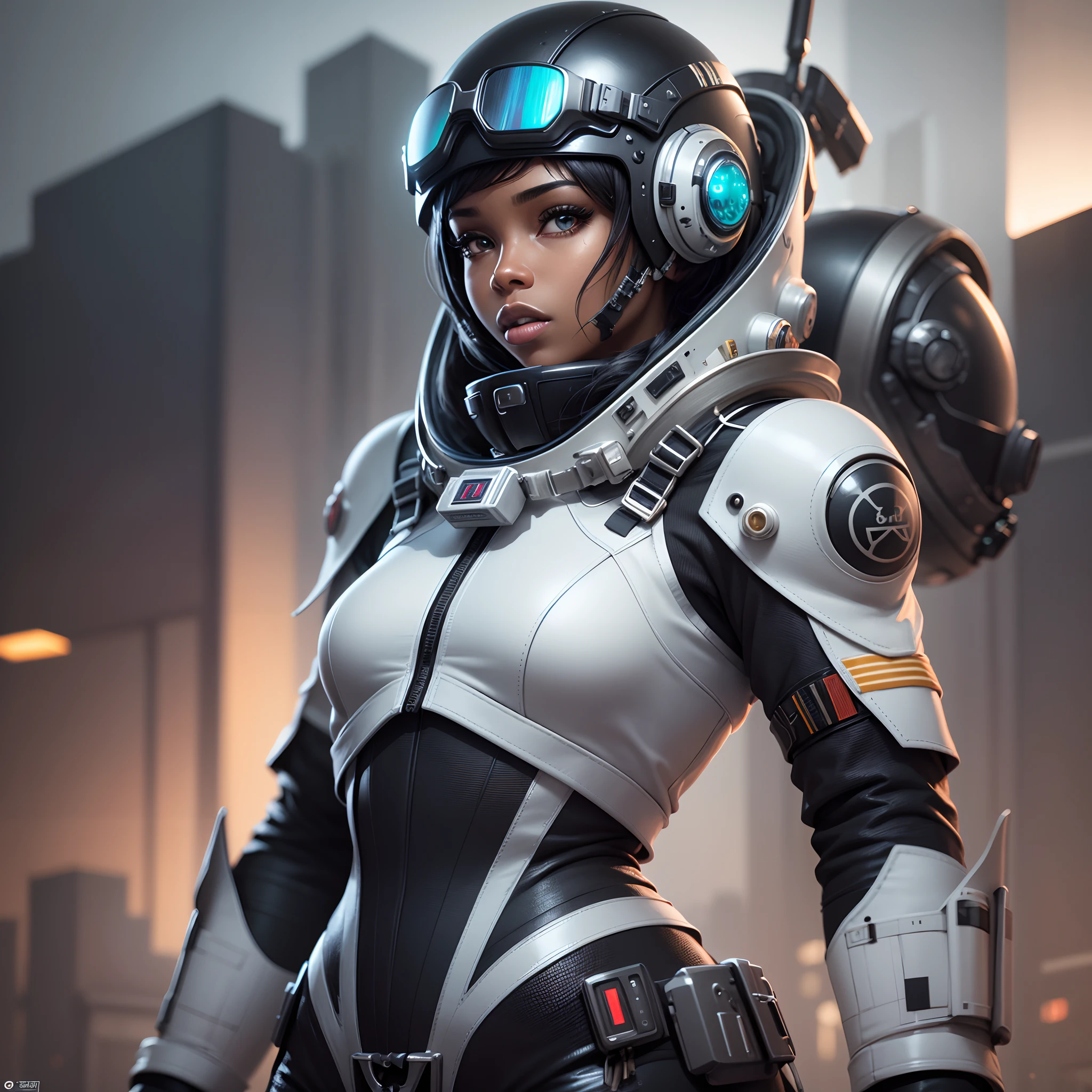 a black woman in an African designed space suit with a helmet and goggles, cgsociety 9, sci-fi, with iridescent light, 32k, ultra HD, unreal engine rendered, cinematic lighting, bright and vibrant colours, photorealistic image, --auto --s2