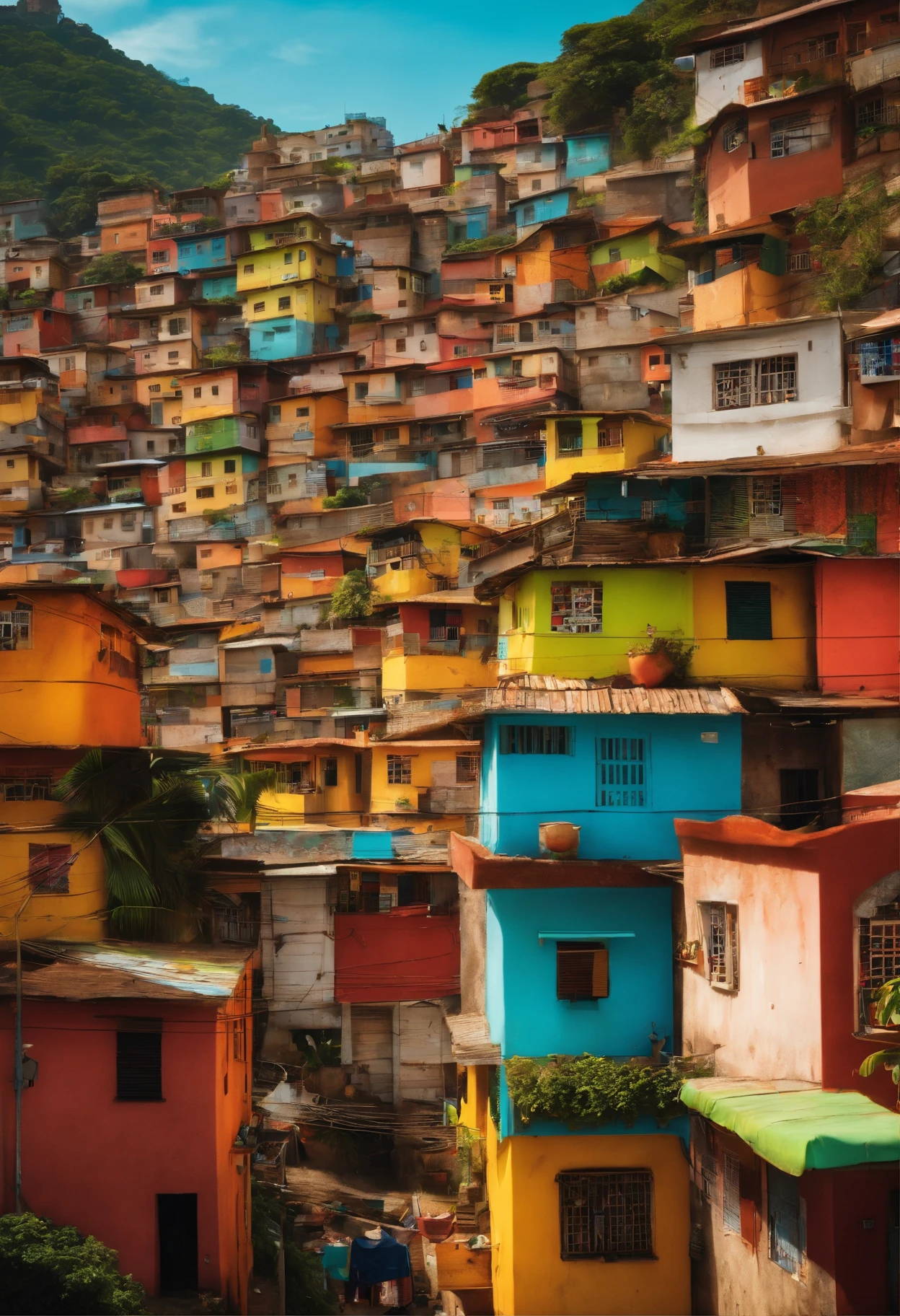 Crie uma favela estilo Rio de Janeiro mostrando ela de lado, Animado, colorida, h completo, estilo cartoon, mais longe