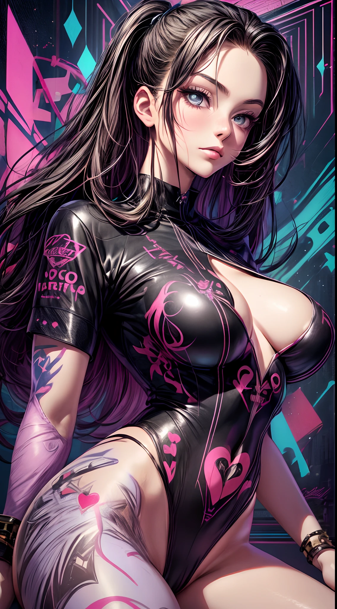 infp young woman, Beautiful big breasts, Front opening shirt, Body painting with pop designs drawn directly all over the body, heart shapes, Pop Art Design, Cutting-edge fashion, Innovative, The center of attention, tokyo prefecture, newyork, Special art design, pubick hair, cameltoe details, -motto, Background of the novel,A dark-haired