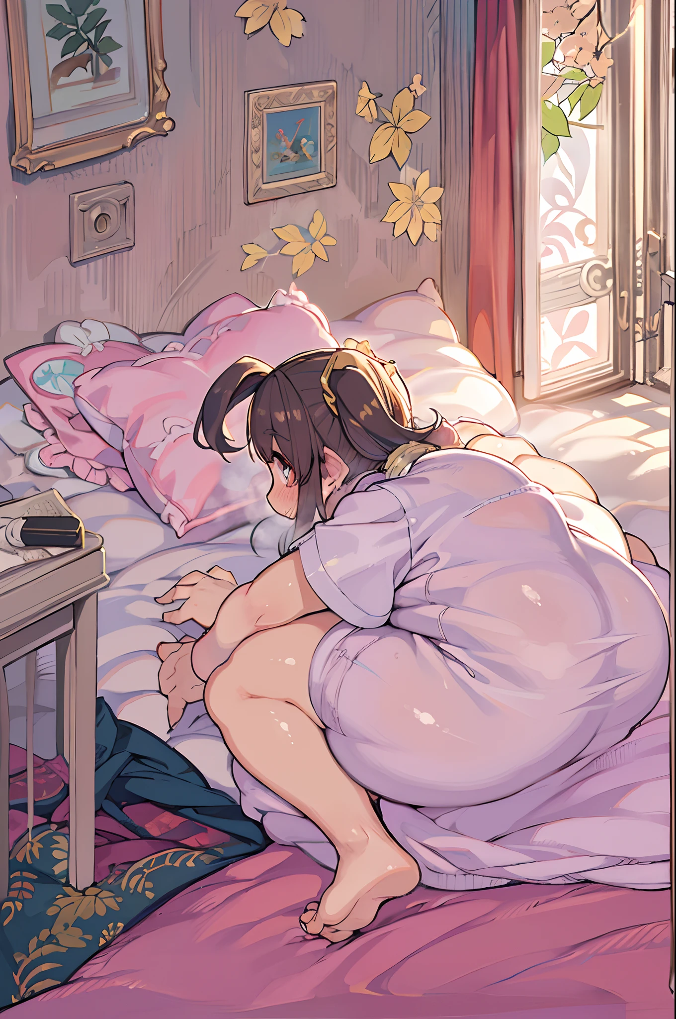 (all-fours:1.4), (from behind:1.1), (Crotch focus:1.1), (Looking back:1.1),1girl in, bed_bedsheet,, blush, Ultramammy, covering, covering_爆乳 , nude, Ponytail, Solo, thighs thighs thighs thighs, 、bbw、big butts、Ultramammy、Eyes are heart marks、lying on the bed、on the bed、