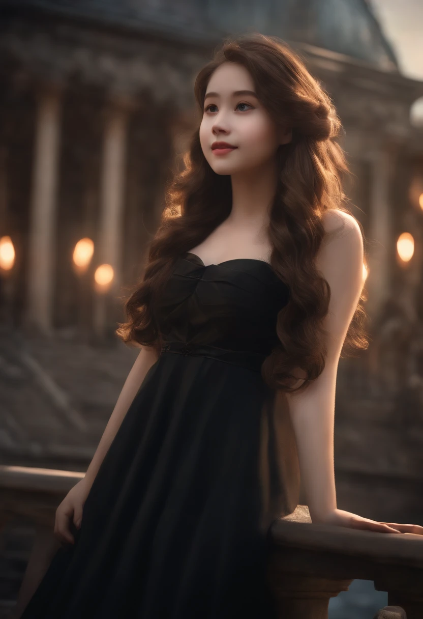 masterpiece, best quality, 1girl, solo, ((mature female)), round pupils, long hair, hair, princess, black dress, fantasy, happy, looking at viewer, cartoon, anime, (oil painting)
