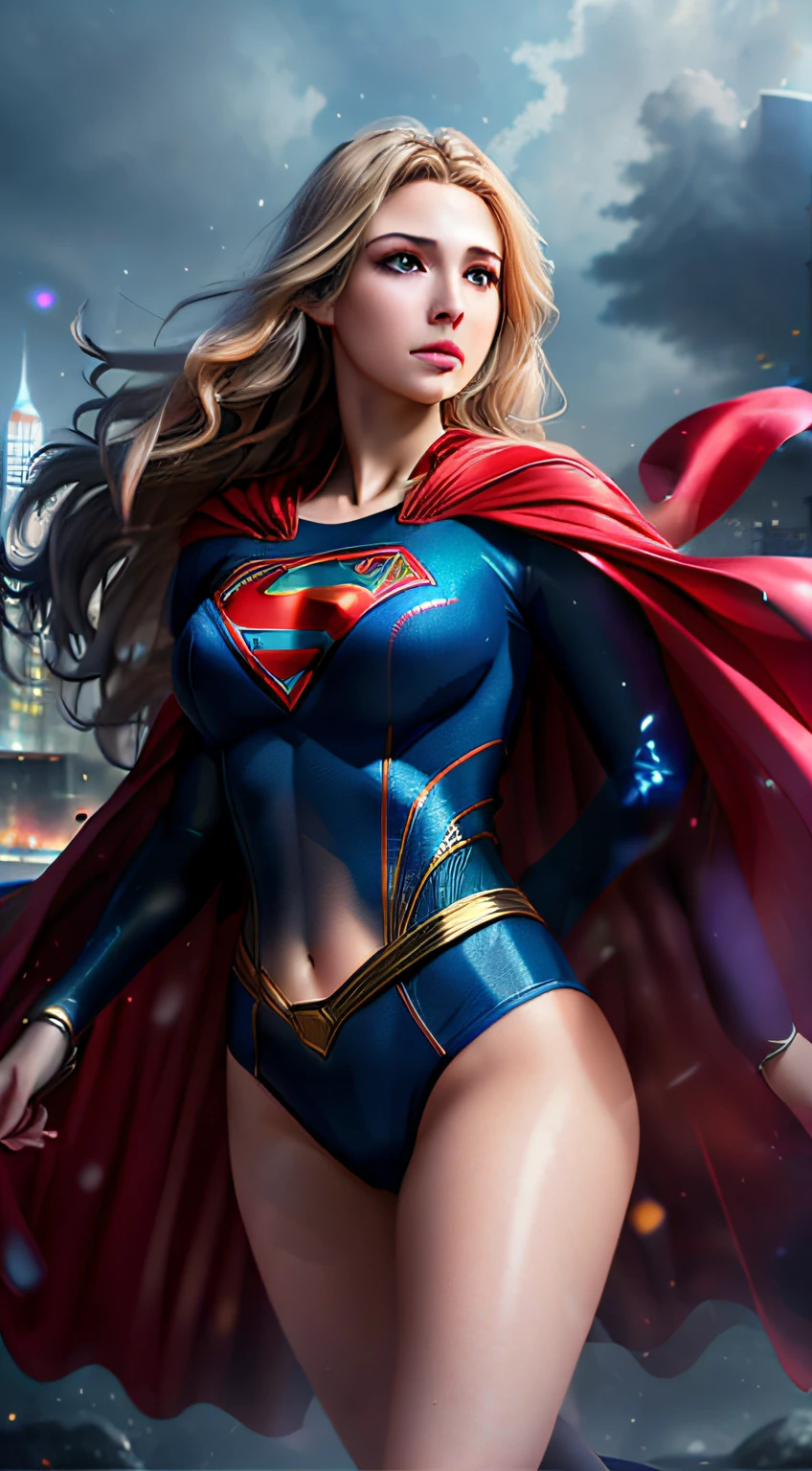 (best quality,4k,8k,highres,masterpiece:1.2),ultra-detailed,(realistic,photorealistic,photo-realistic:1.37),supergirl,anime,detailed,mysterious powers,colorful,bright lighting,ethereal atmosphere,vibrant colors,expressive eyes,flowing hair,strong and confident stance,magical aura,futuristic cityscape,neon lights,glowing symbols,laser beams,shimmering energy,transparent cape, long cape, split-second action,forceful movements,extraordinary strength,powerful energy blasts,speed lines,dynamic poses,cool costume design,sparkling particles,mystical background,transformation sequence