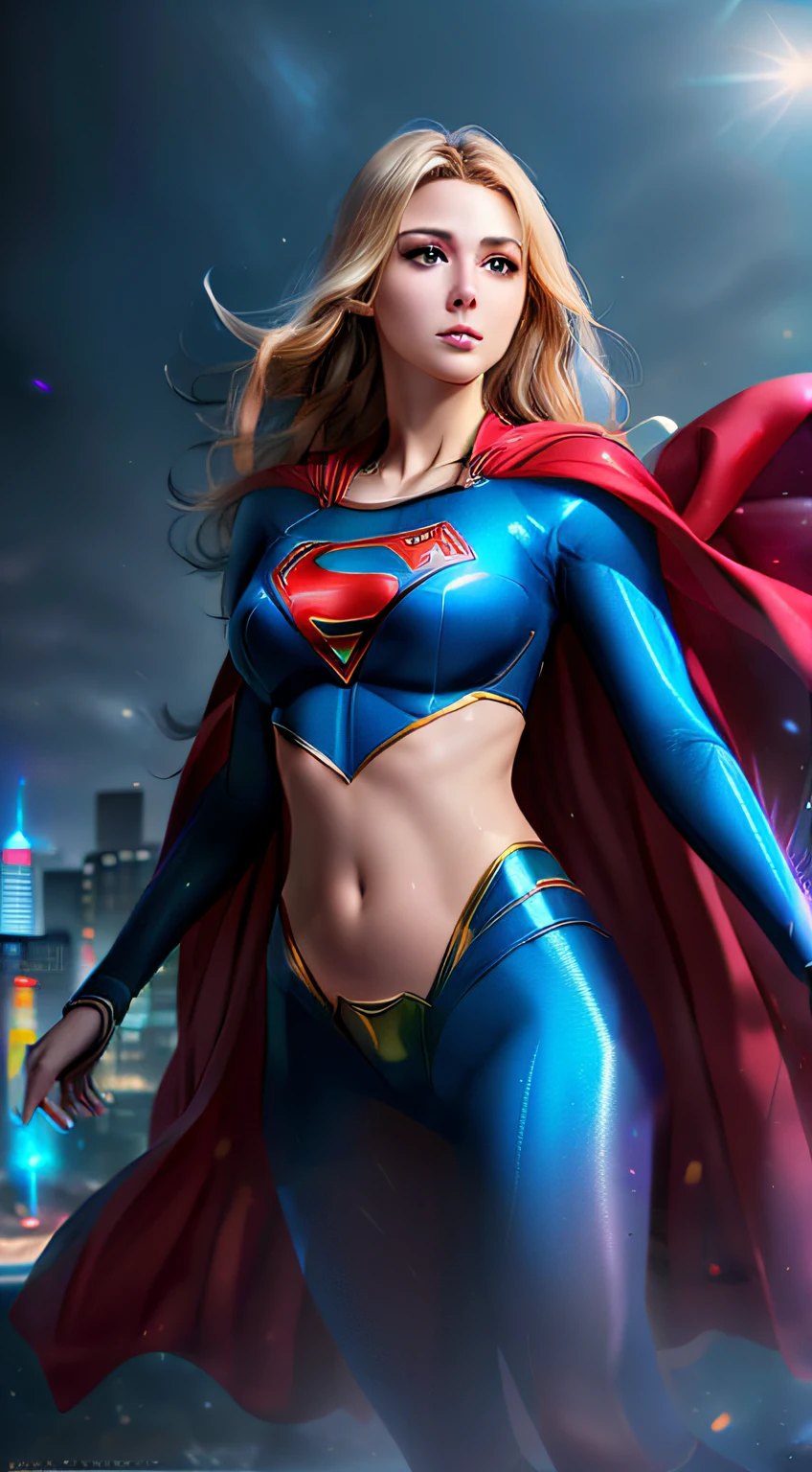 (best quality,4k,8k,highres,masterpiece:1.2),ultra-detailed,(realistic,photorealistic,photo-realistic:1.37),supergirl,anime,detailed,mysterious powers,colorful,bright lighting,ethereal atmosphere,vibrant colors,expressive eyes,flowing hair,strong and confident stance,magical aura,futuristic cityscape,neon lights,glowing symbols,laser beams,shimmering energy,transparent cape, long cape, split-second action,forceful movements,extraordinary strength,powerful energy blasts,speed lines,dynamic poses,cool costume design,sparkling particles,mystical background,transformation sequence