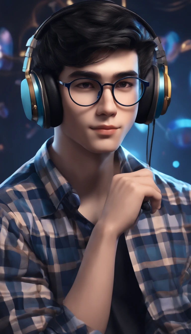 boy with round glasses and tall, wearing a blue check shirt, black hair, gaming, background with Discord website, headphones, vibrant colors, studio lighting