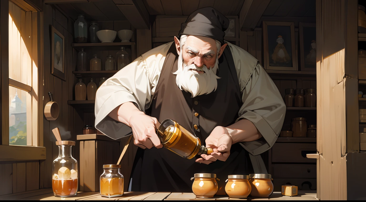 A dwarf，short，lbeard，With a hat，Skinny and small， old man，Holding a jar of honey，Dig the honey in with your hands and eat it，The expression suddenly realized，Nikke，In the wooden house，There were plenty of honey jars in the wooden house，Western fantasy，Fairytales，Works of masters，A high resolution，Exquisite facial features