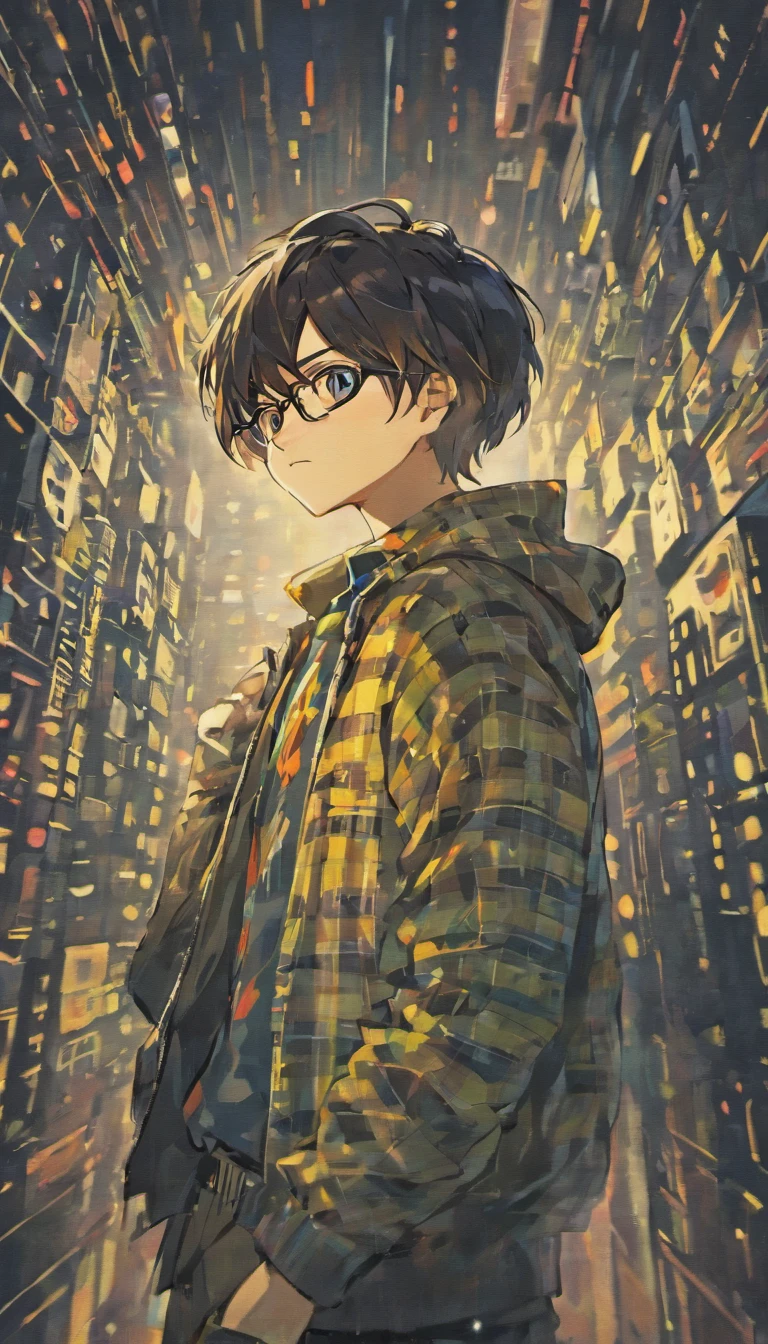boy with round glasses and tall, wearing a blue check shirt, black hair, gaming, background with Discord website, headphones, landscape.