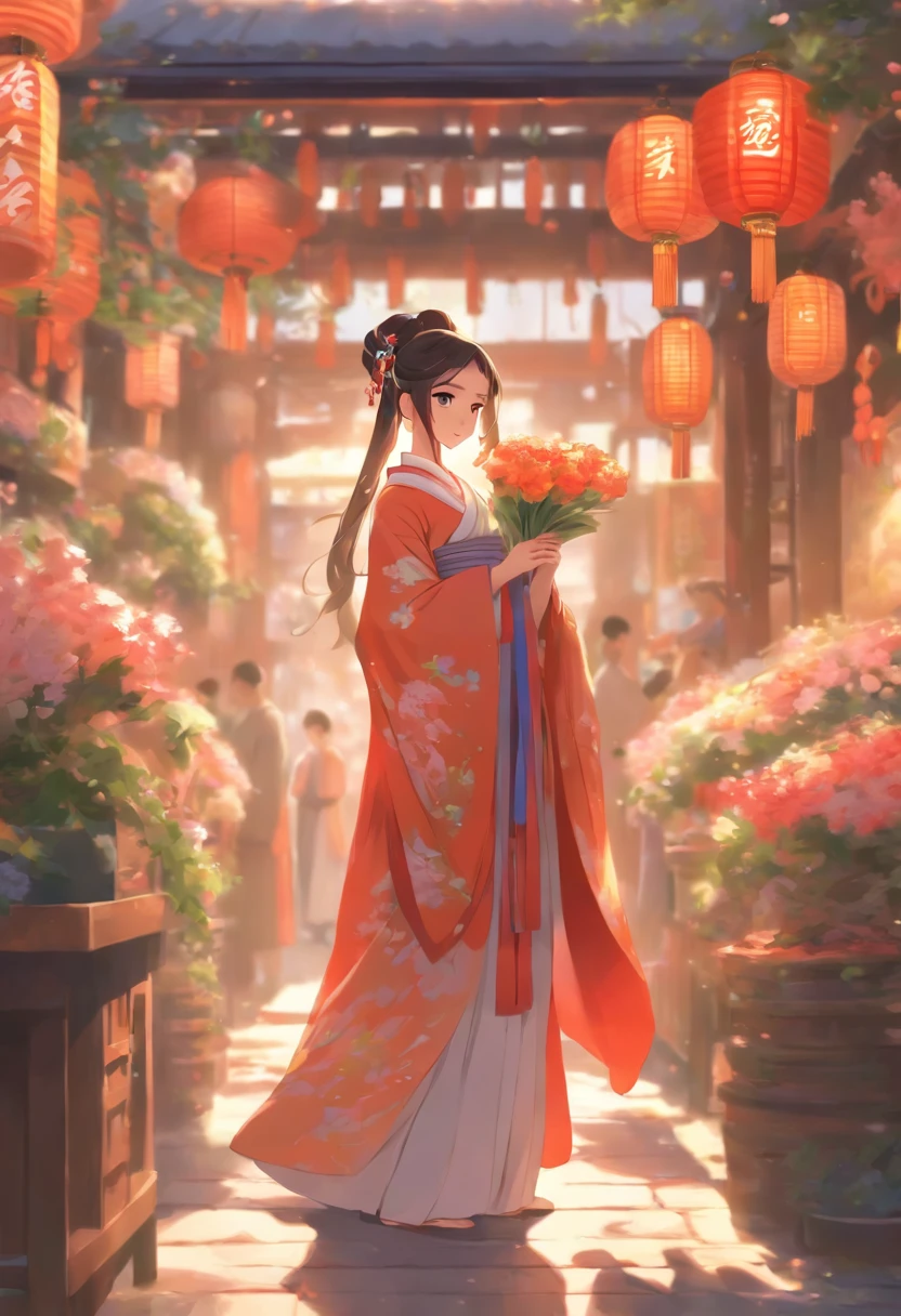 Girl in Hanfu，1 bouquet of flowers in hand，Be in a crowded market，Girl standing in front of the flower shop