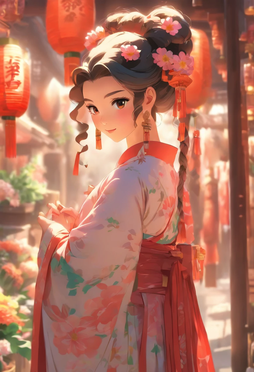 Girl in Hanfu，1 bouquet of flowers in hand，Be in a crowded market，Girl standing in front of the flower shop