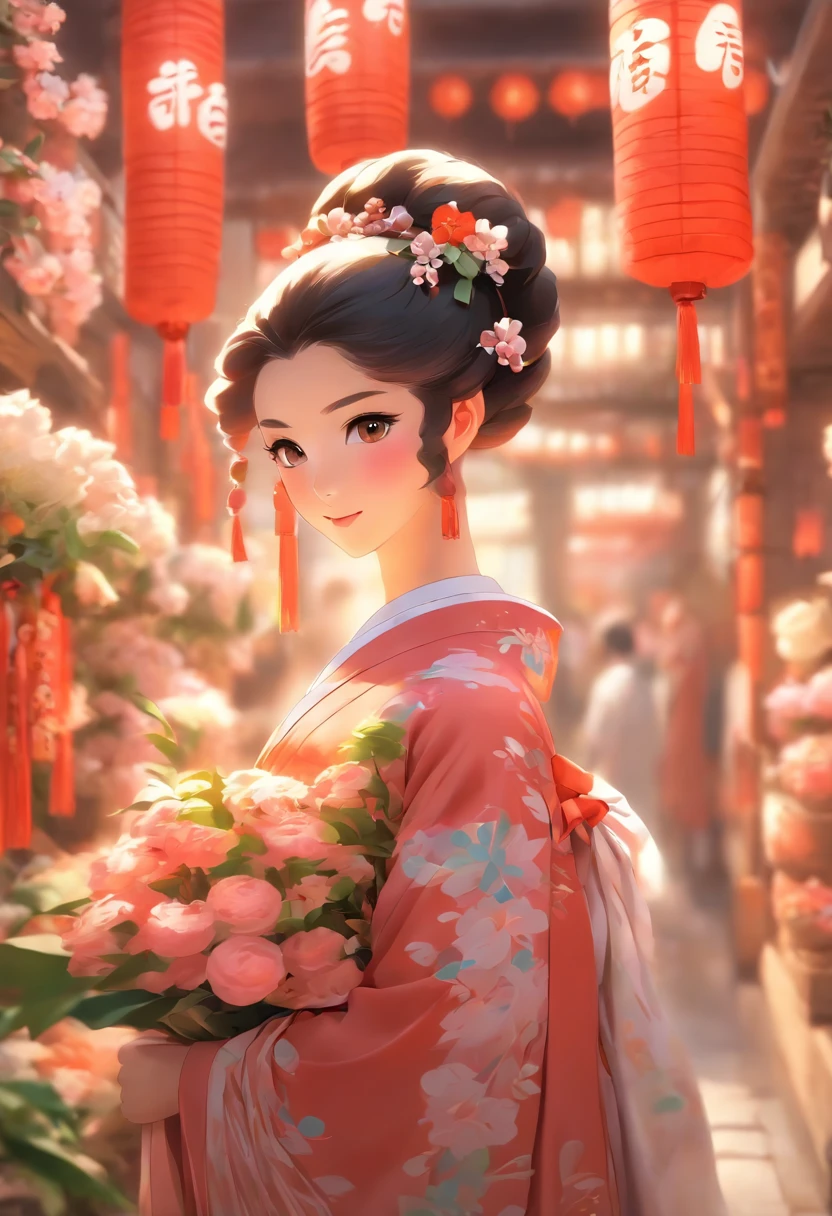 Girl in Hanfu，1 bouquet of flowers in hand，Be in a crowded market，Girl standing in front of the flower shop