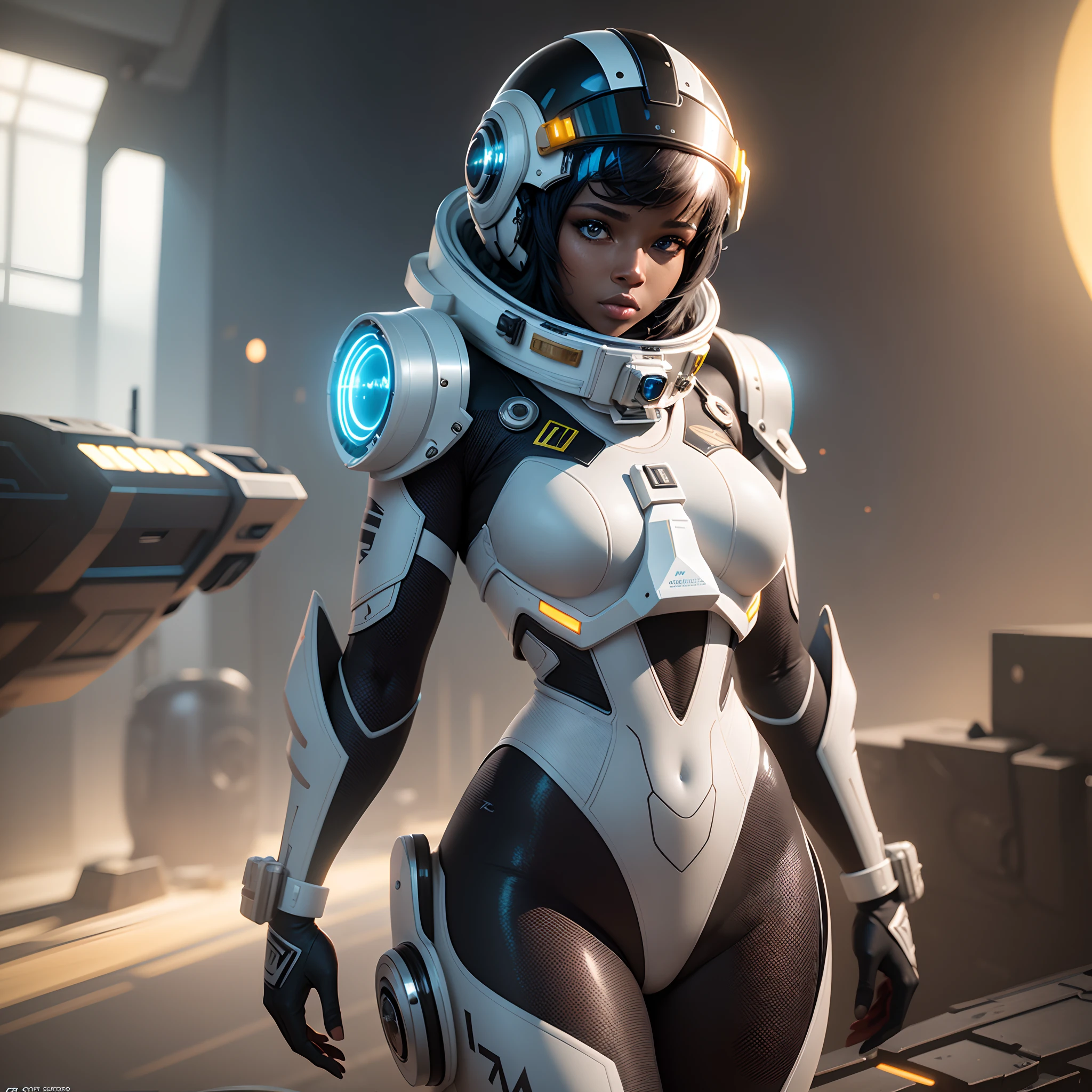 a black woman in an African designed space suit with a helmet and goggles, cgsociety 9, sci-fi, with iridescent light, 32k, ultra HD, unreal engine rendered, cinematic lighting, bright and vibrant colours, photorealistic image, --auto --s2