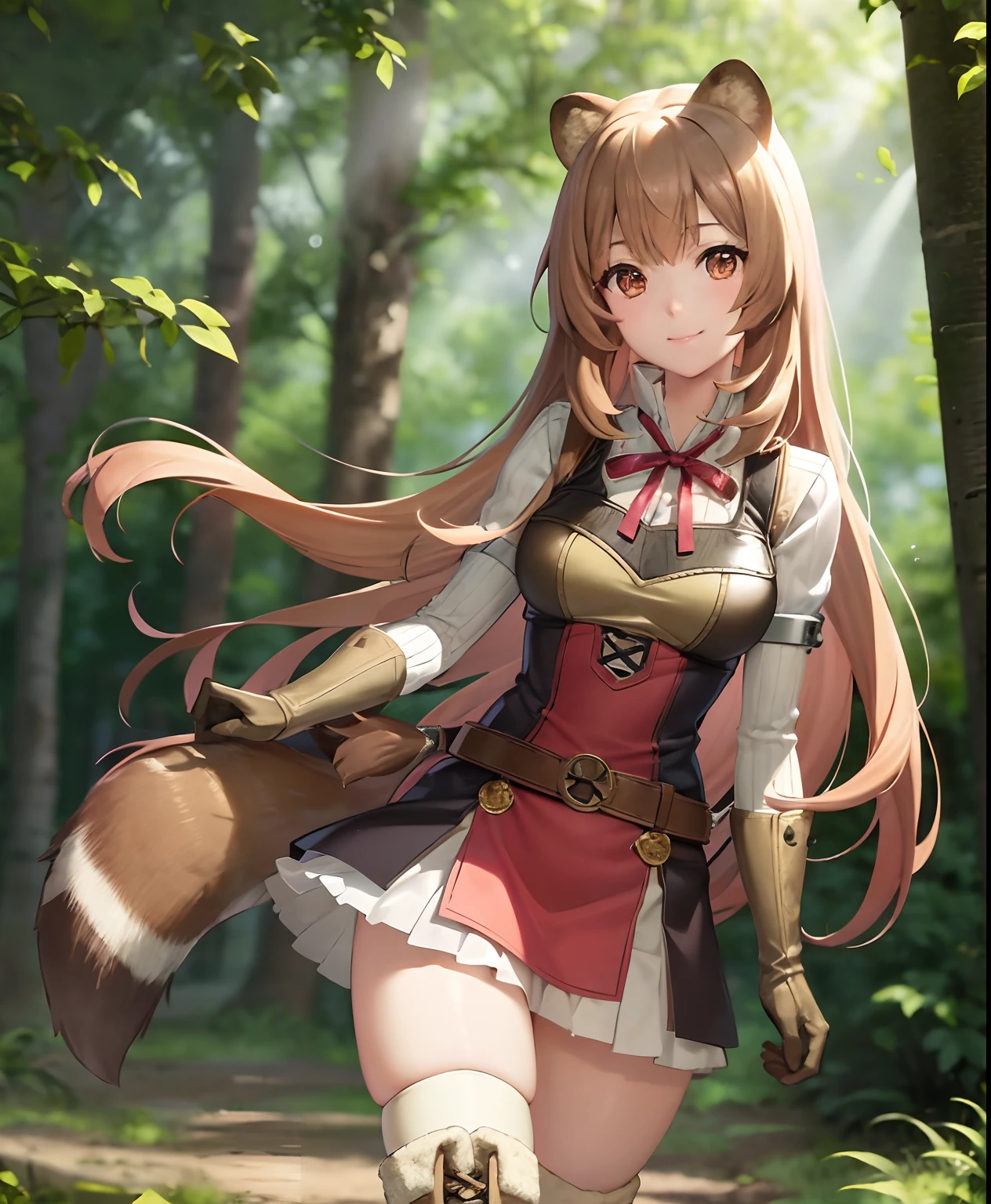 Best Quality, Raf, 1girl, Raccoon ears, Raccoon Girl, animal ears, 独奏, hairlong, brown hair, racoon tail, tail, gloves, thigh boots, knee boots, Smile, Bangs, thights, thights, looking a viewer, full - body, brown gloves, belt, long sleeves, Standing, Dress, band, closed mouth, brown footwear, bronya, short dress, zettai ryouiki, Red Ribbon Ultra-High Resolution, (Photorealistic:1.4), Masterpiece, blurred background, slight smile, slightly pink cheeks,in the woods, Clear skies