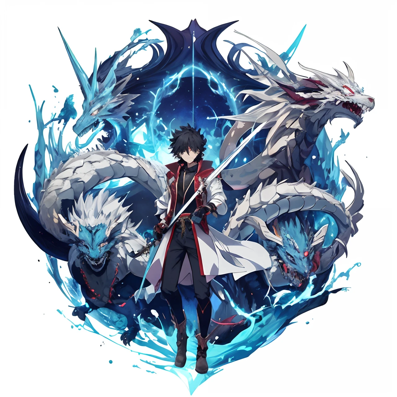 Anime character with a sword and dragon on a white background, god of dragons, arte conceitual de deus, arte de anime em alta, human and dragon fusion, Deus do Submundo, arte de anime em alta, Otaku Gangasta, o deus do caos, trending on artstation pixiv, Deus masculino bonito da morte, legendary god holding spear, inspirado em Okumura Masanobu